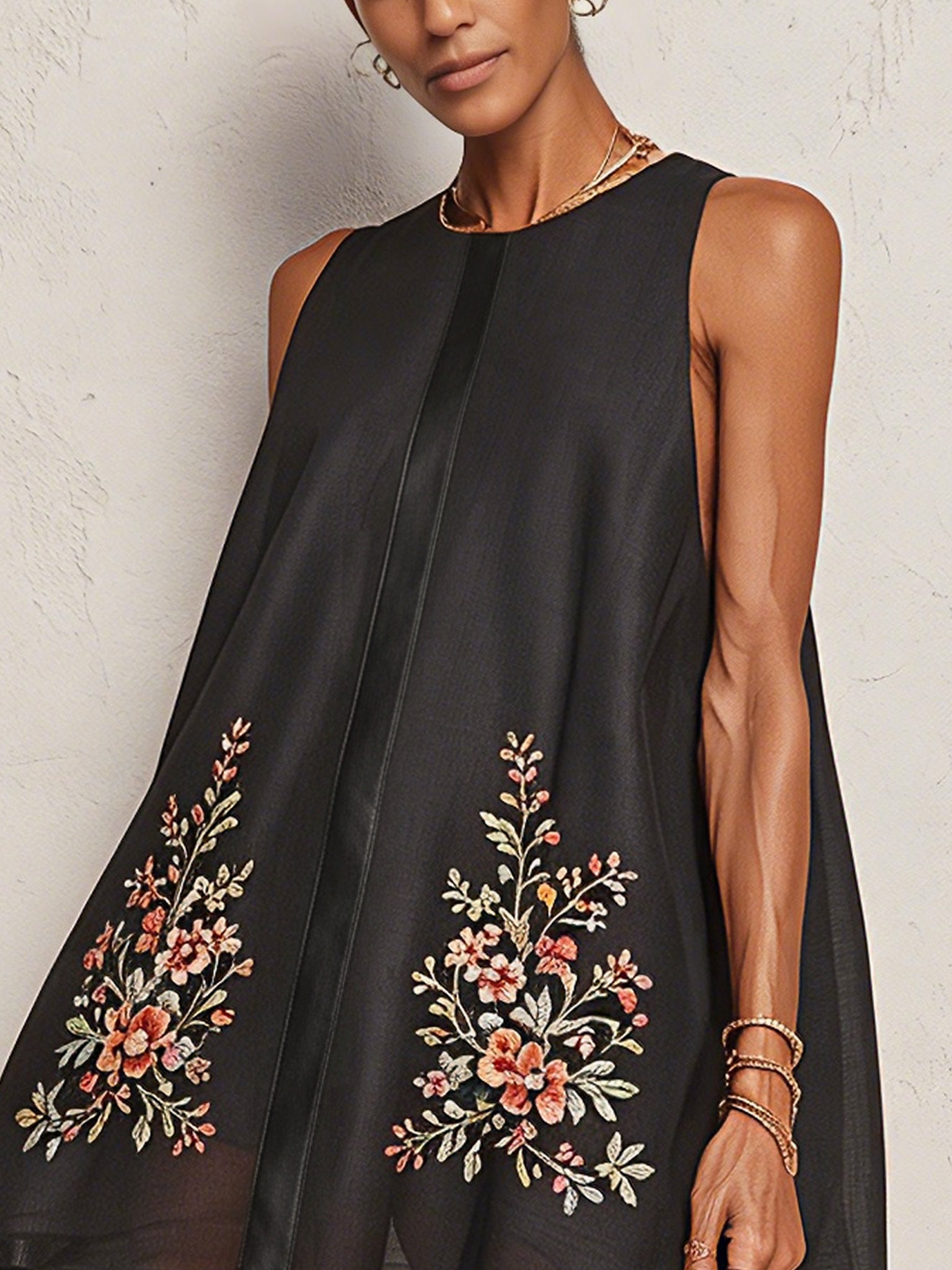 Black Sleeveless Linen Embroidered Mini Dress