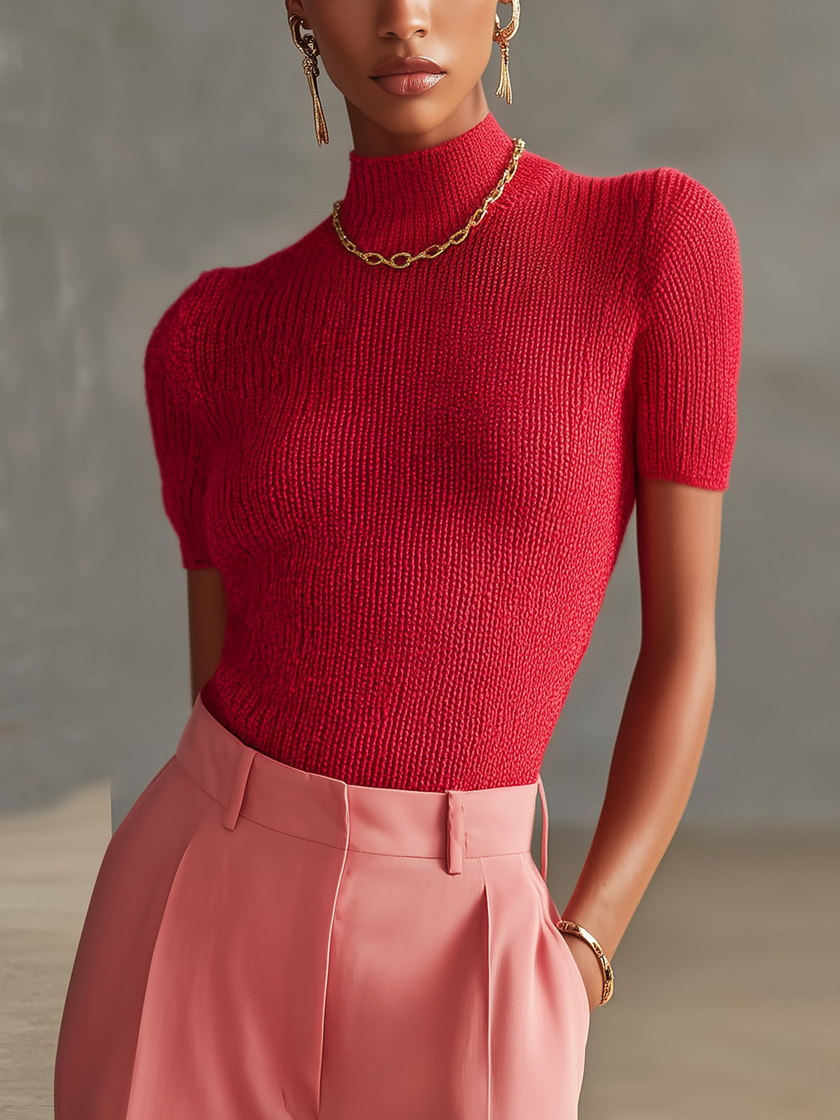 Red Mock-Neck Ribbed Knit Top