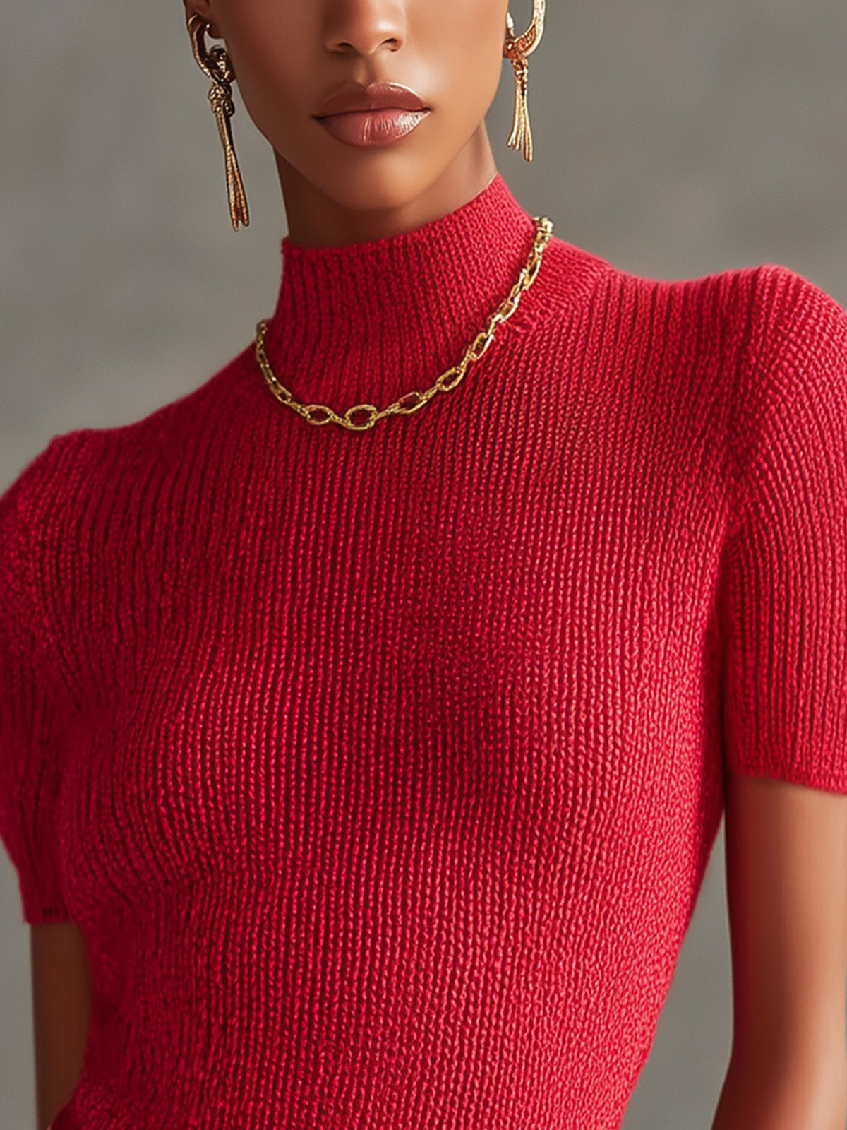 Red Mock-Neck Ribbed Knit Top