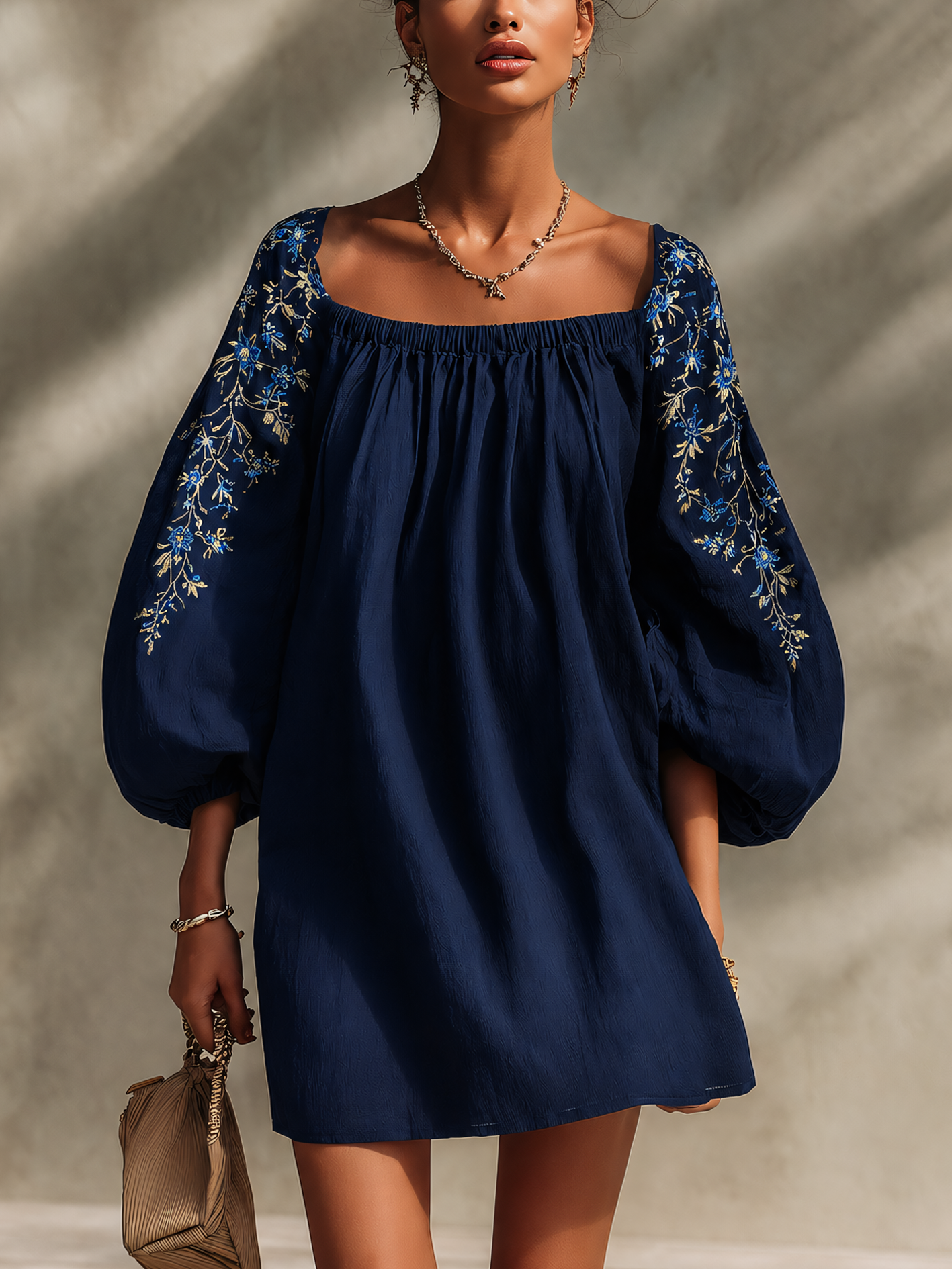 Navy Blue Vintage Embroidered Cotton Linen Mini Dress With Puff Sleeves