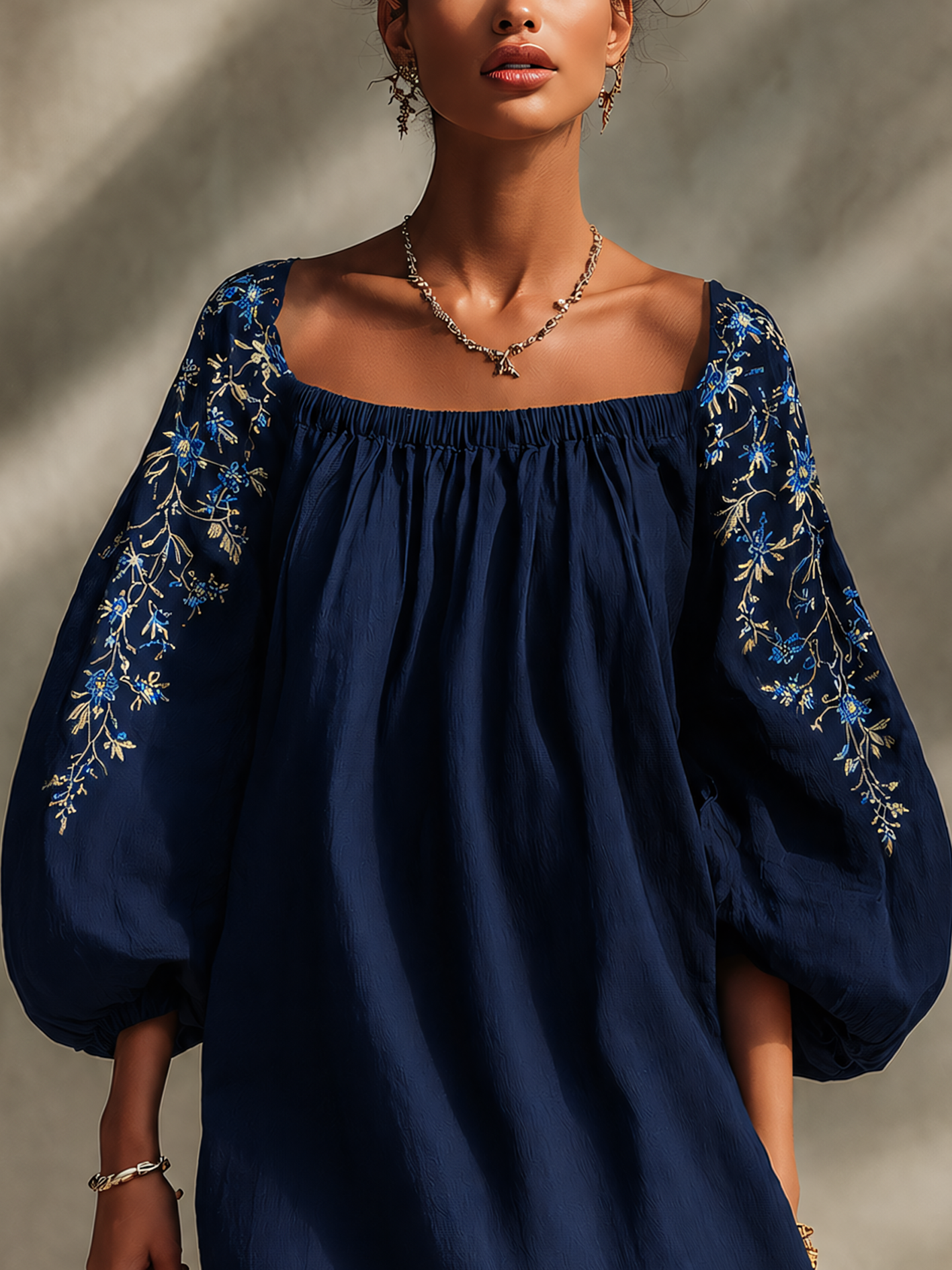 Navy Blue Vintage Embroidered Cotton Linen Mini Dress With Puff Sleeves