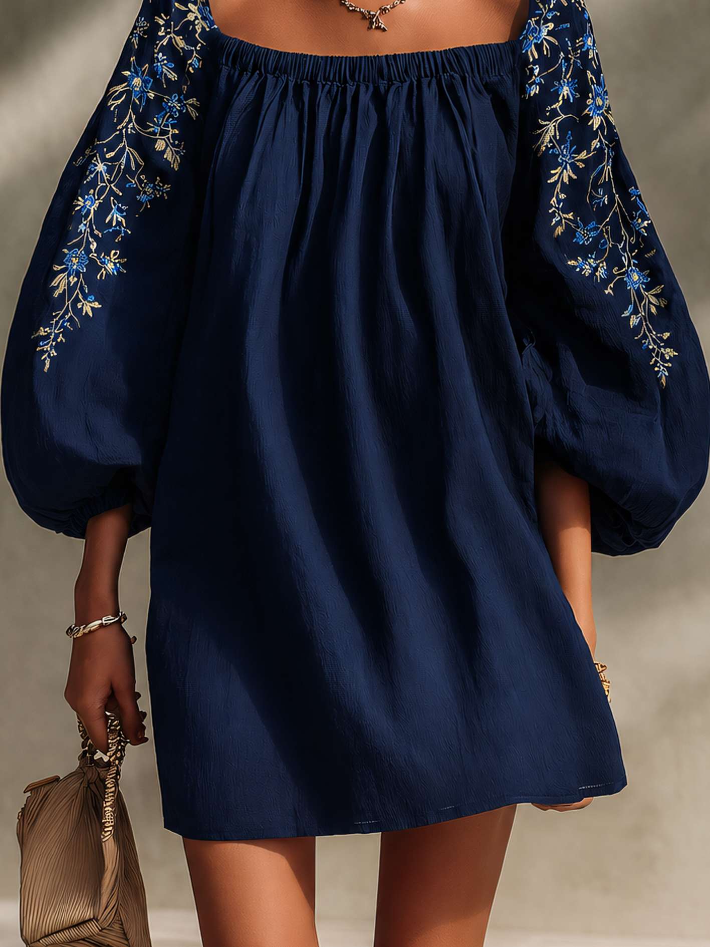 Navy Blue Vintage Embroidered Cotton Linen Mini Dress With Puff Sleeves