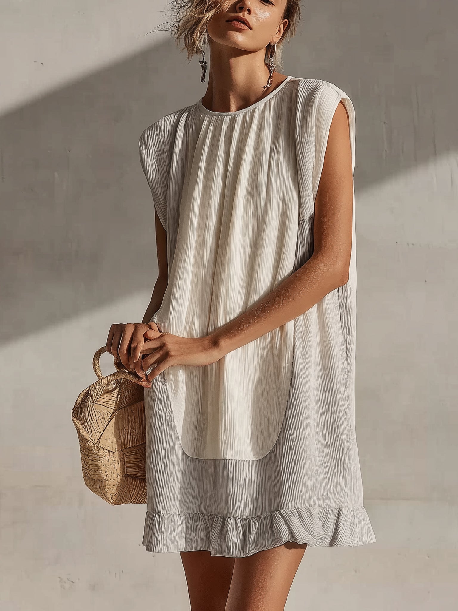Gray And White Sleeveless Pleated Mini Dress