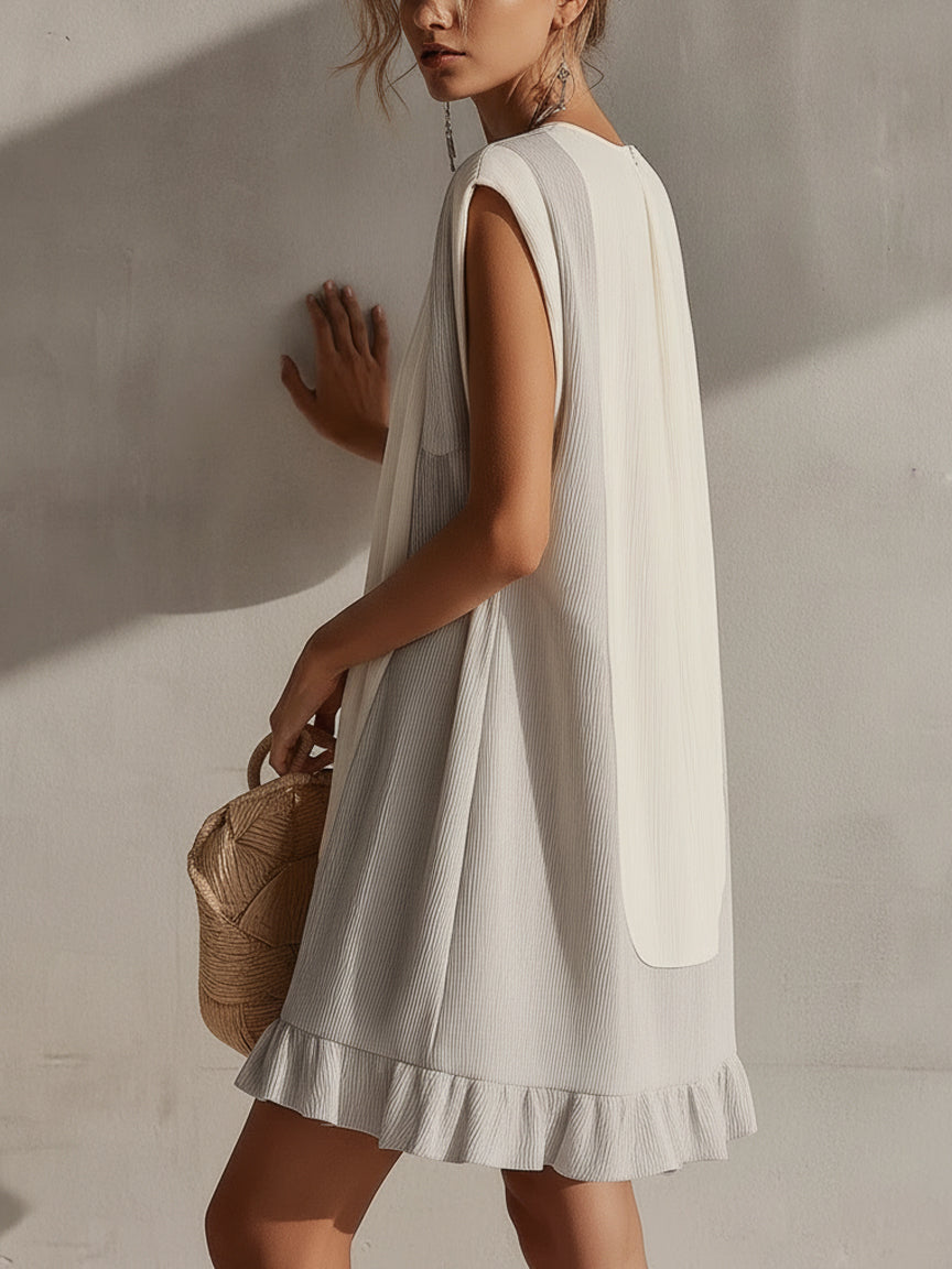 Gray And White Sleeveless Pleated Mini Dress