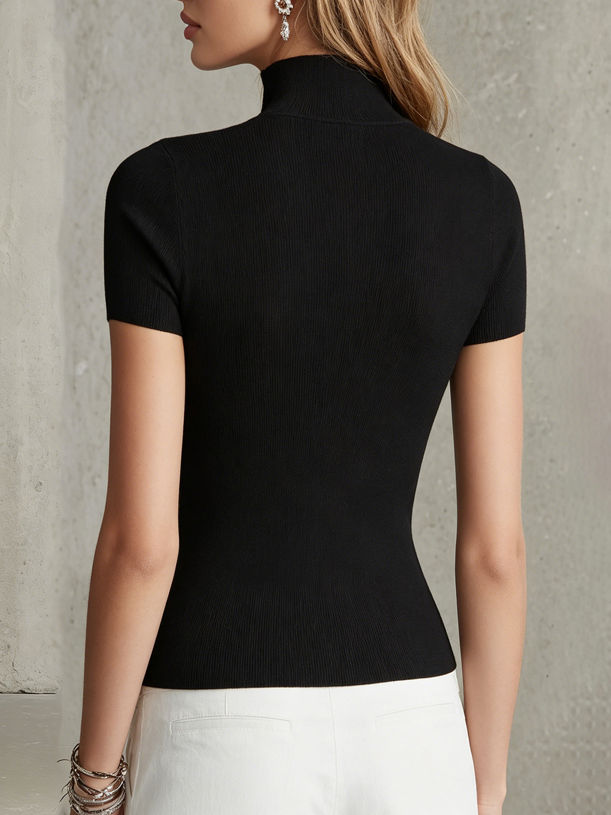 Black Ribbed V-Neck Knit Top With Floral Embroidery