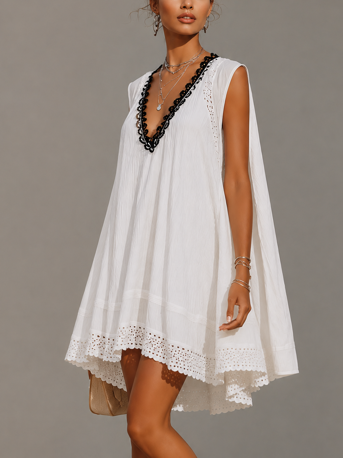 White Cotton Linen Lace Trim Patchwork Mini Dress
