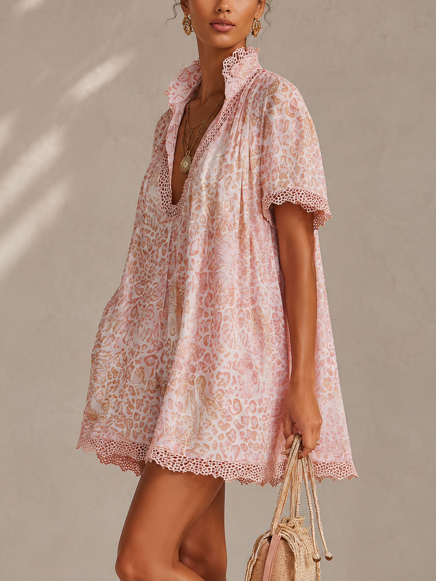 Pink Lace Trim Abstract Leopard Print Mini Dress