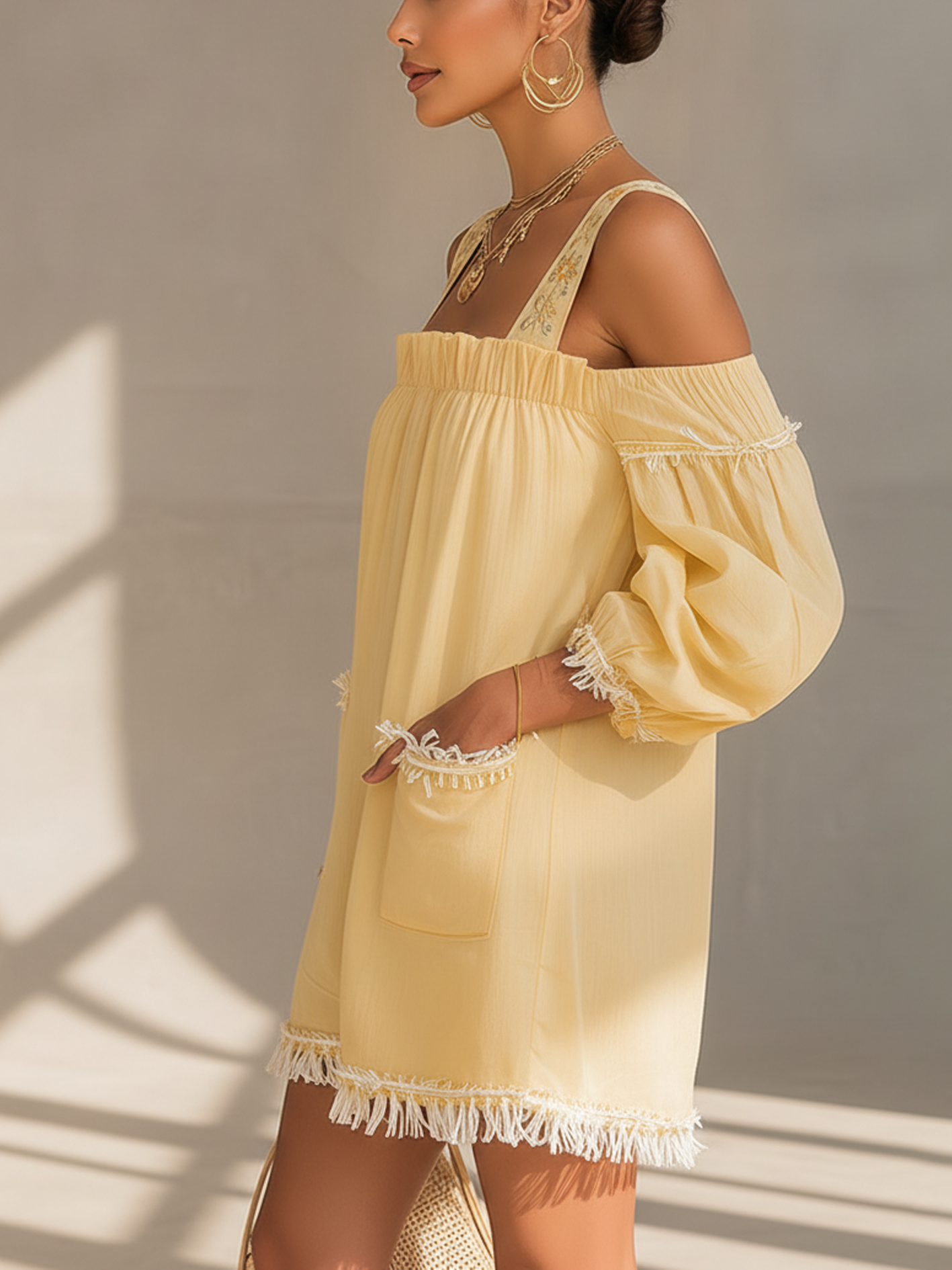 Yellow Embroidered Strap Tassel Mini Dress