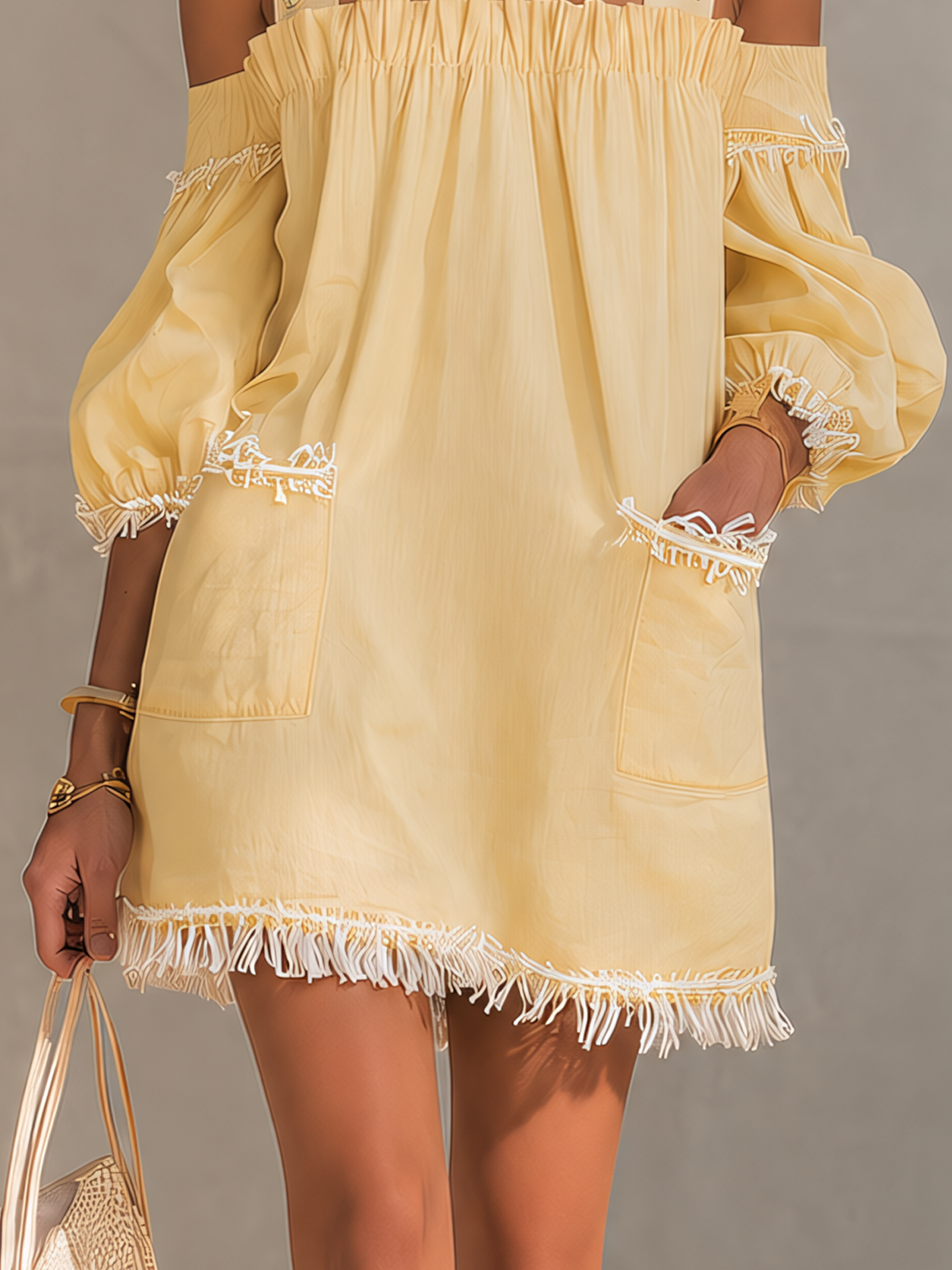 Yellow Embroidered Strap Tassel Mini Dress