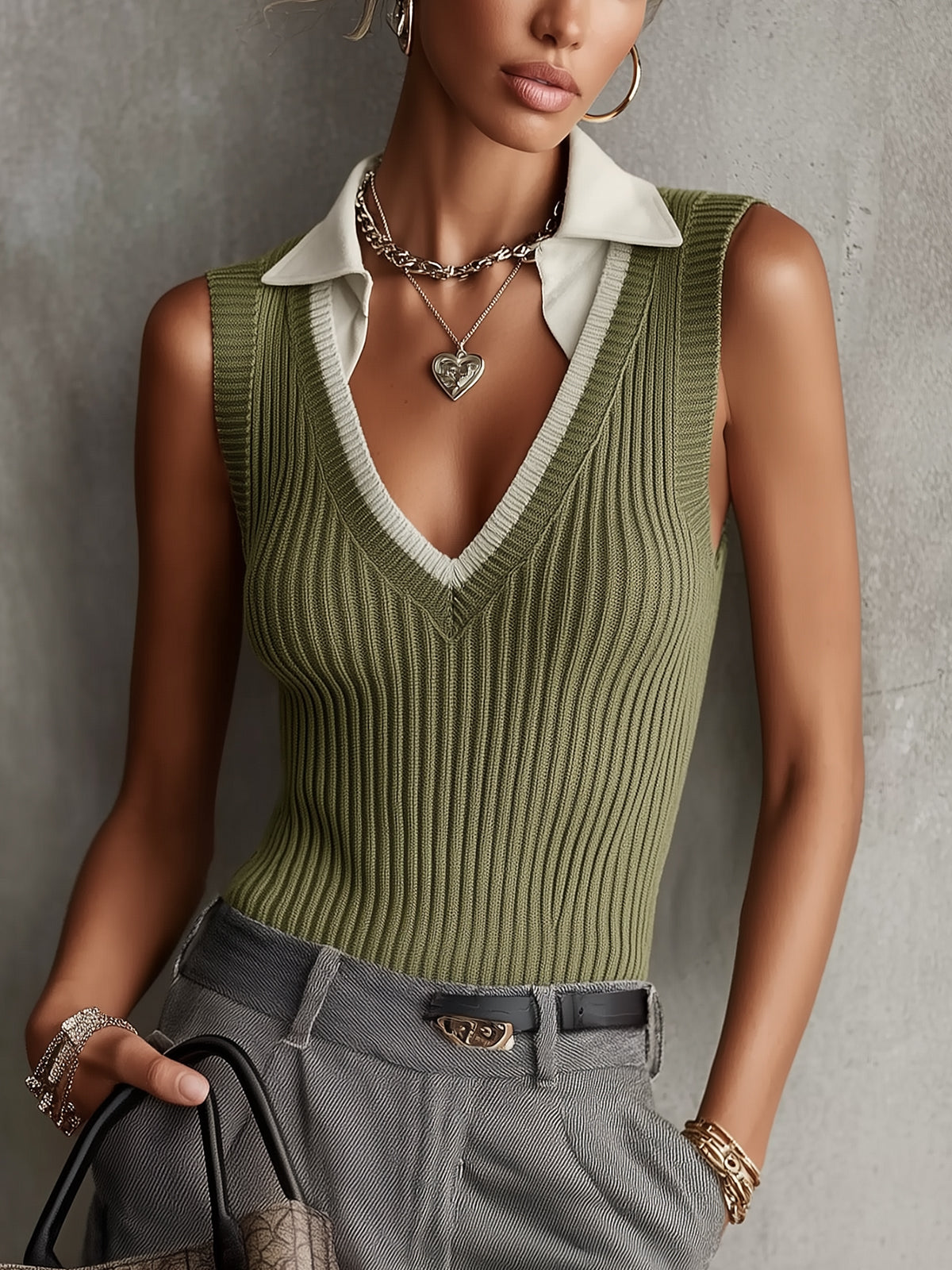 Olive Green Ribbed Knit Sleeveless Top With Contrast Collar