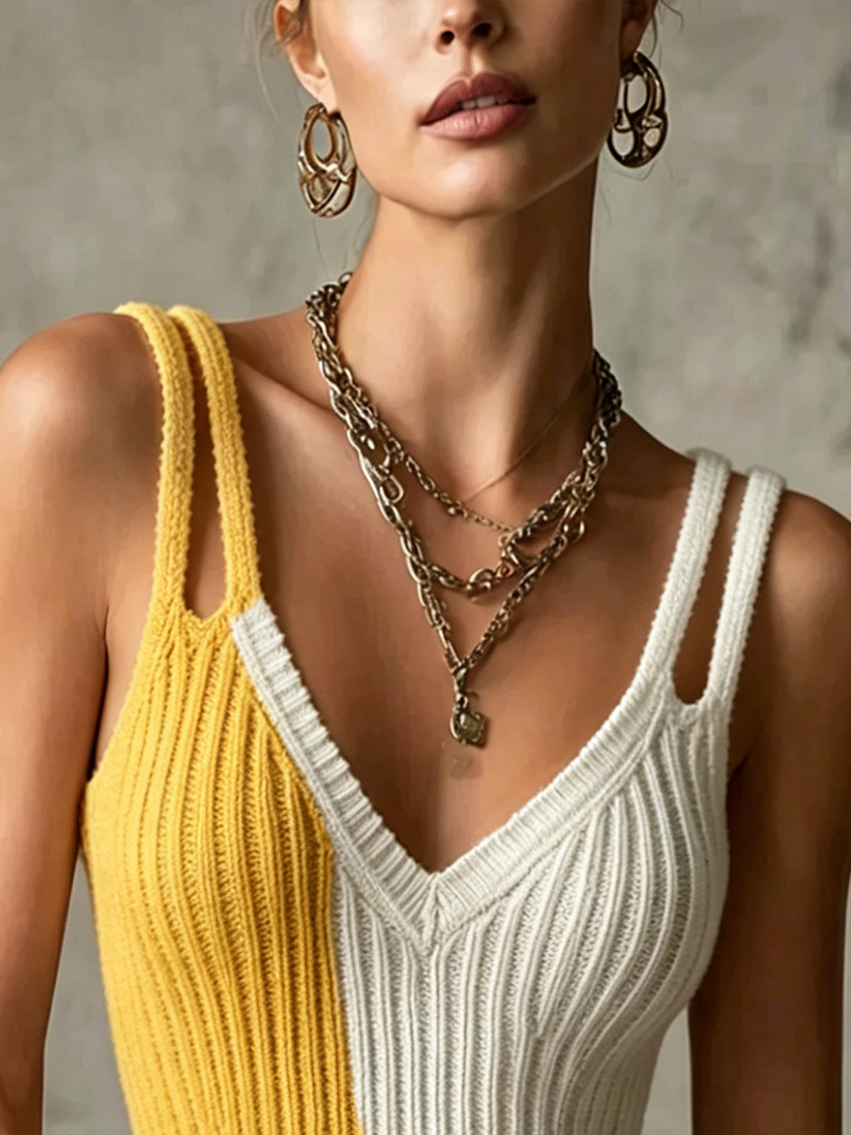 Yellow And White Colorblock Ribbed Knit Tank Top