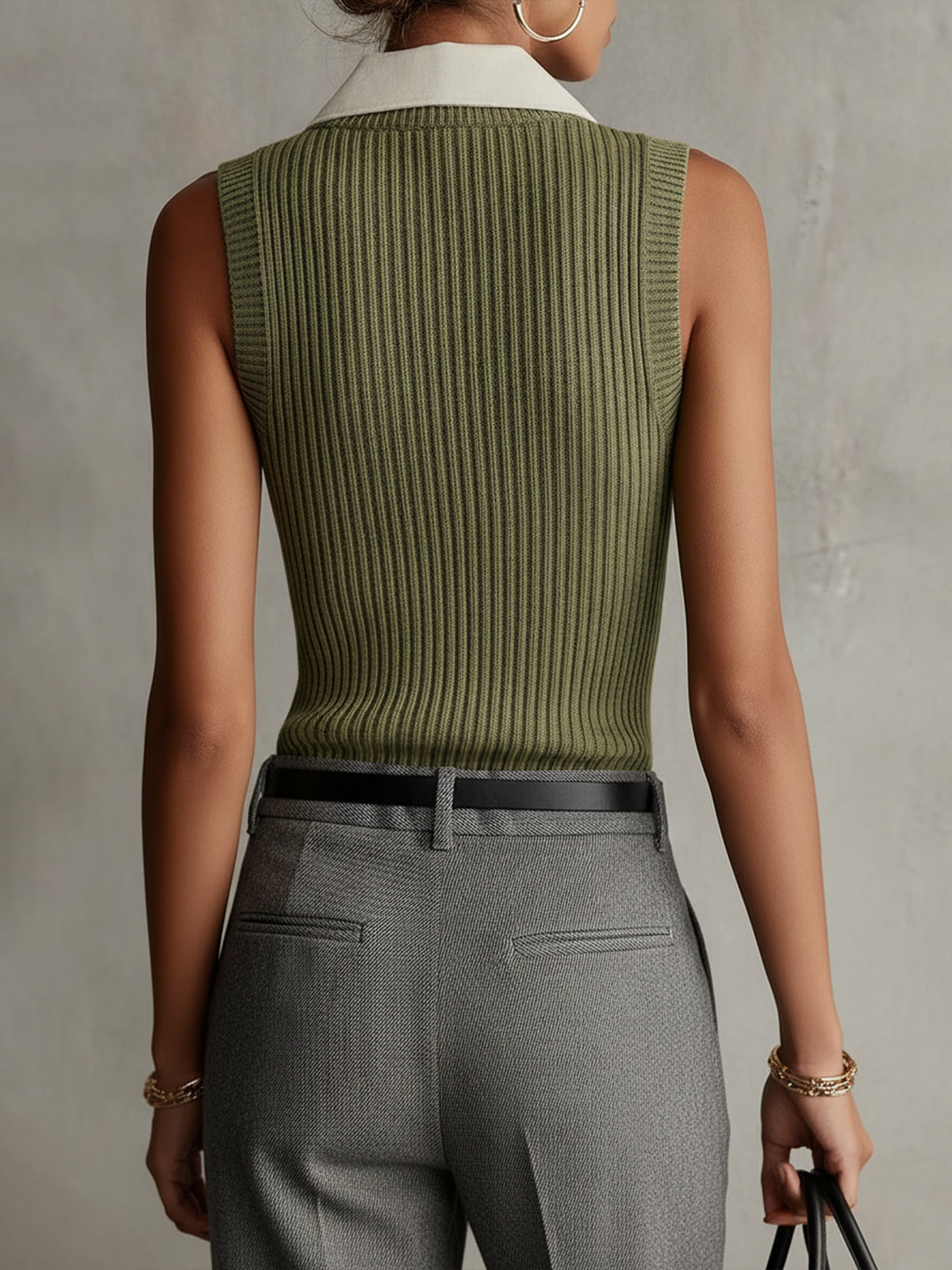 Olive Green Ribbed Knit Sleeveless Top With Contrast Collar