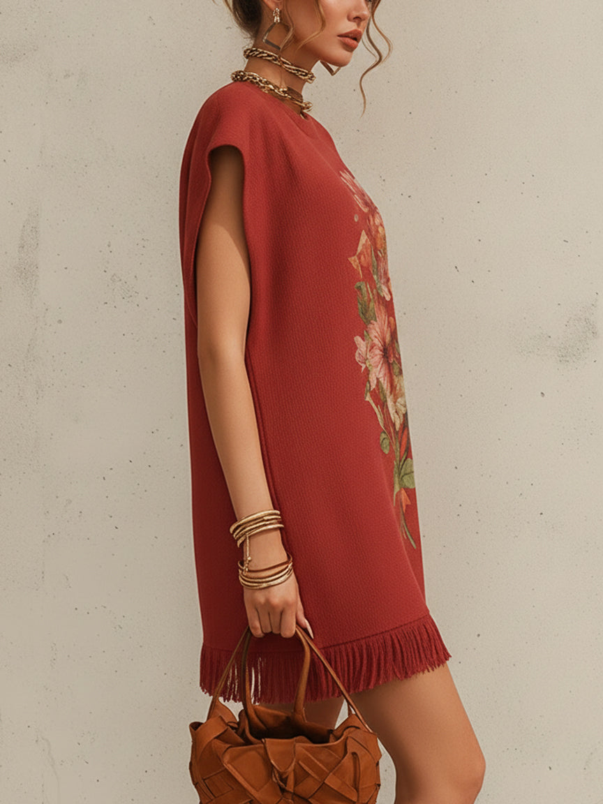 Red Knit Floral Fringe Mini Dress