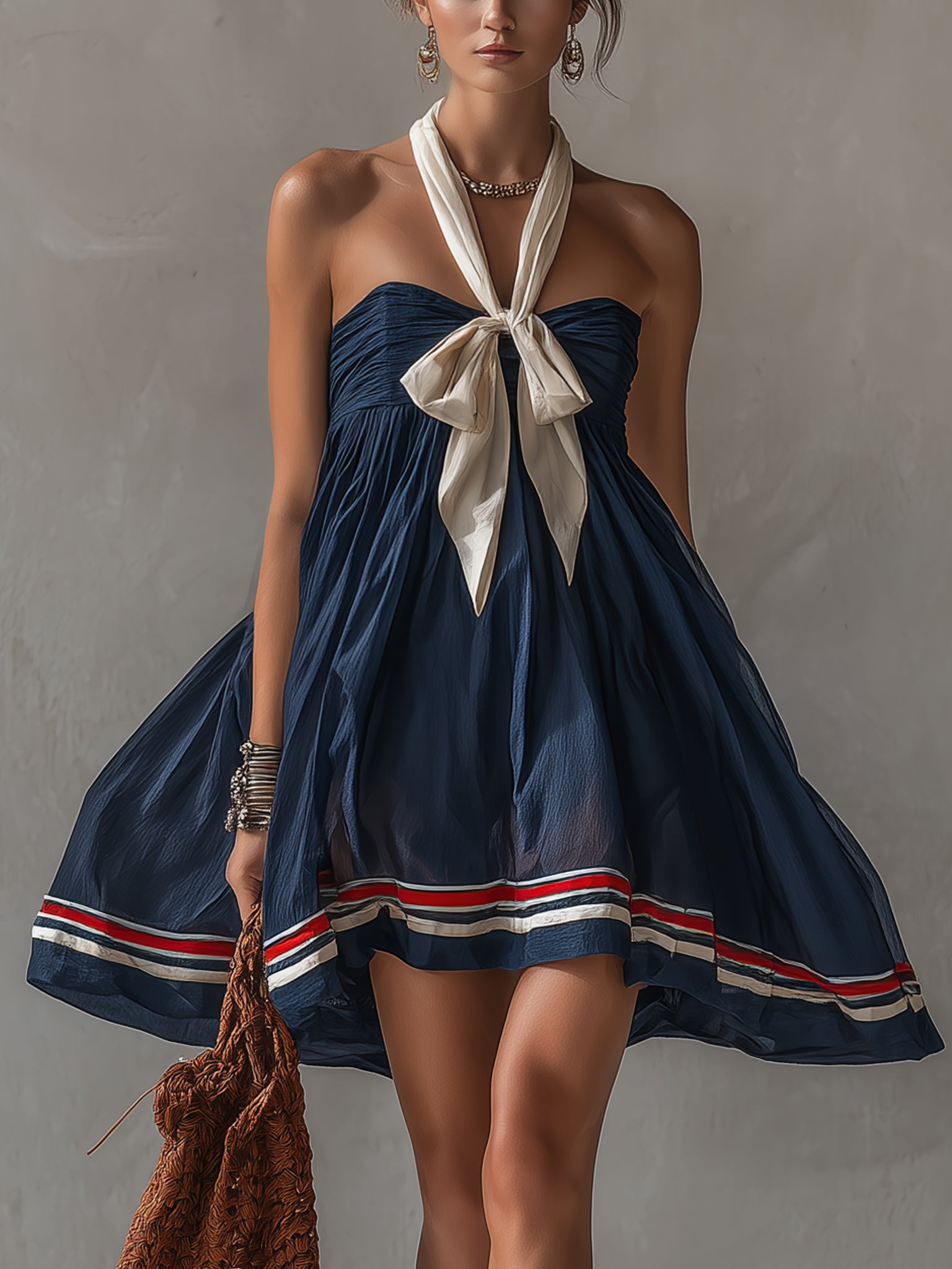 Navy Sheer Cotton Blend Tie Mini Dress