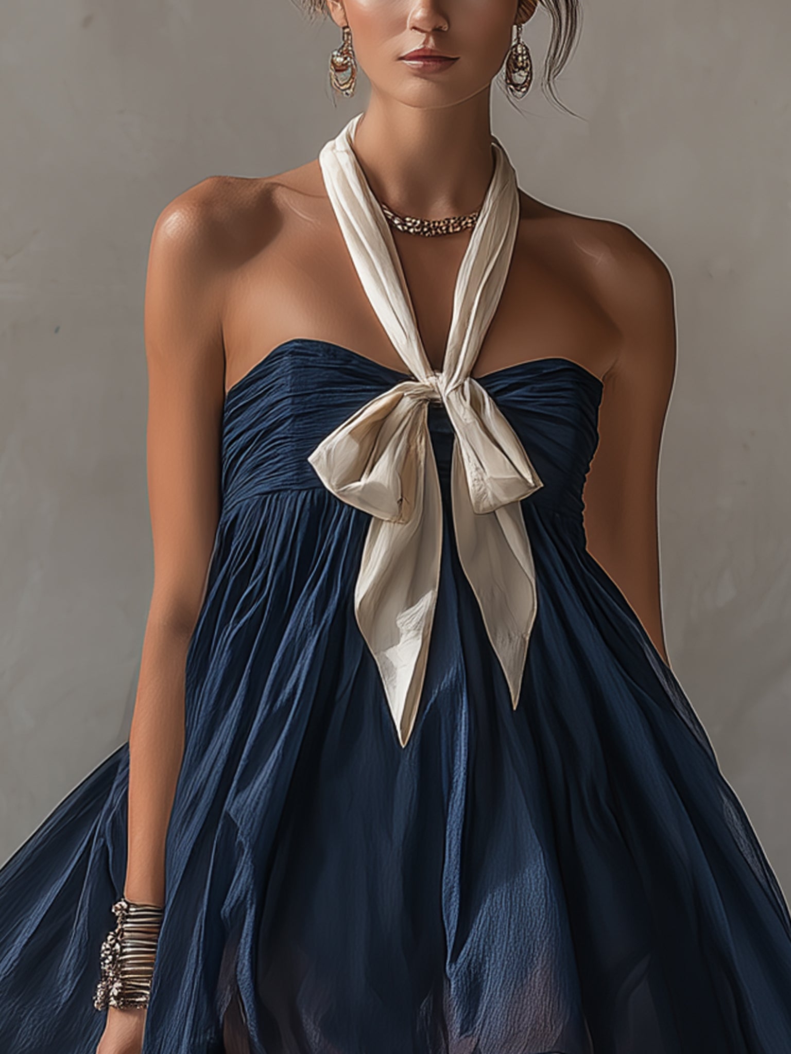 Navy Sheer Cotton Blend Tie Mini Dress