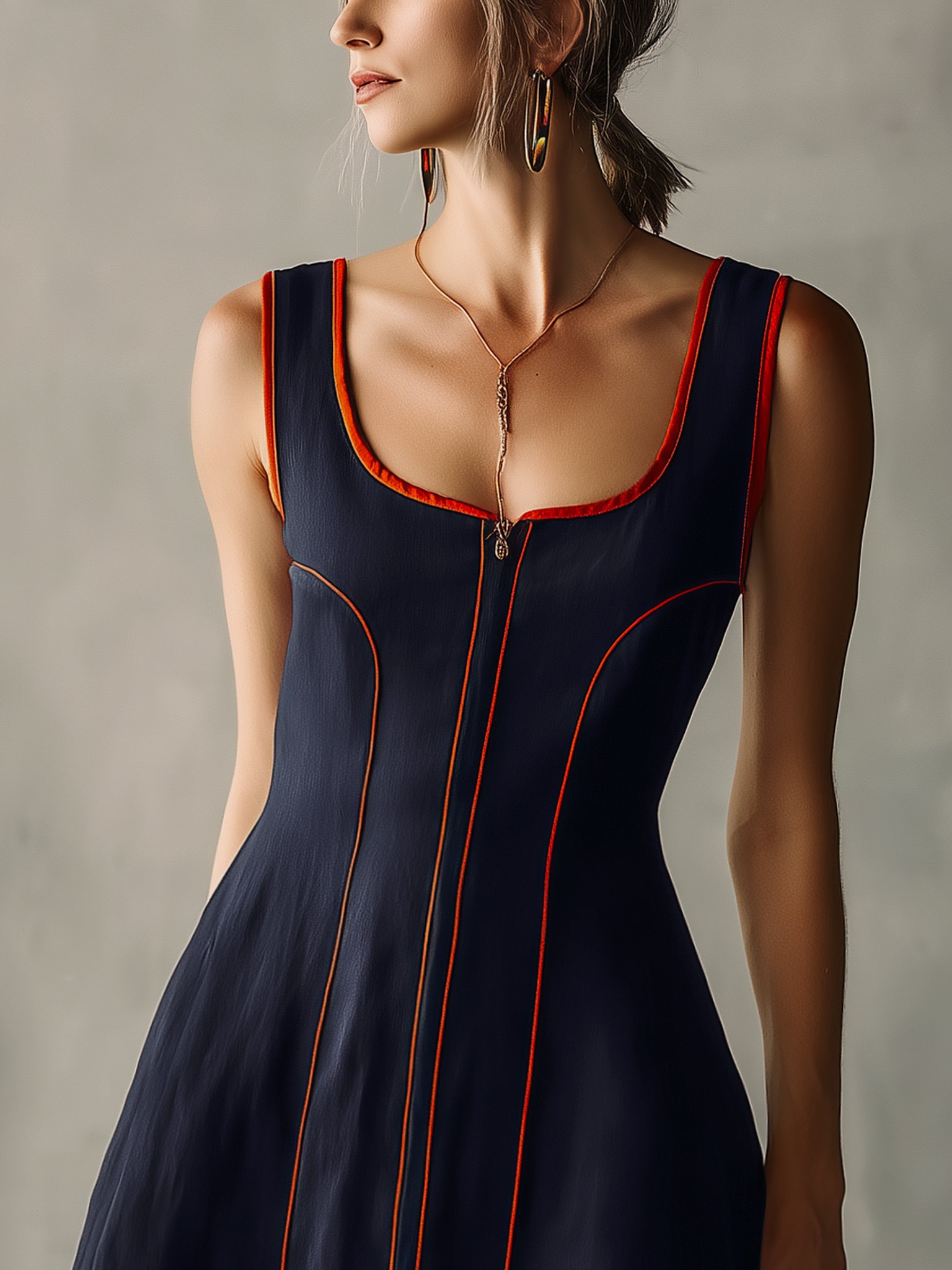 Navy Color Block Zip Front Mini Dress