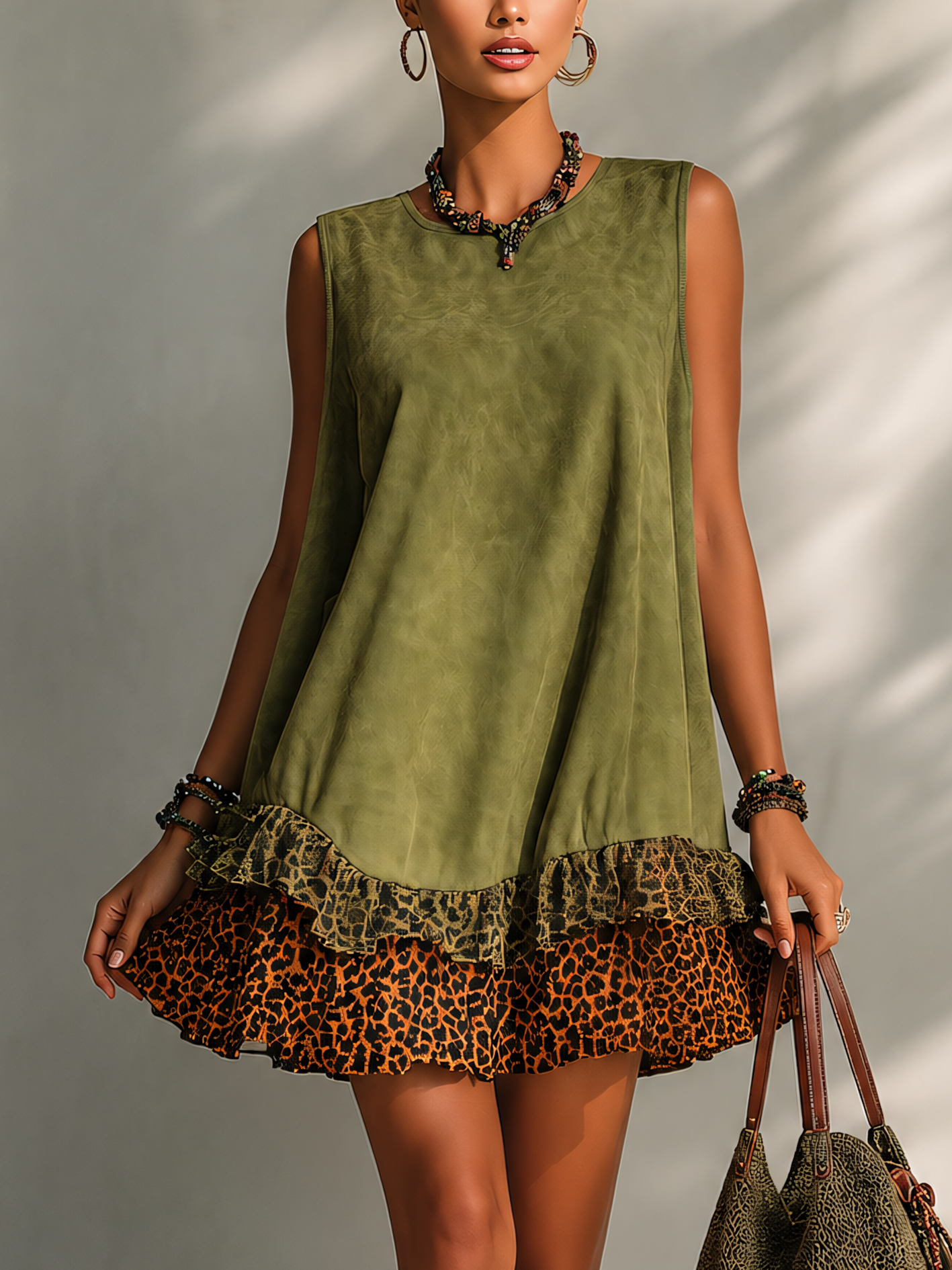 Olive Green Faux Suede Mini Dress With Leopard Ruffle Hem