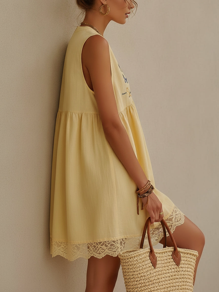 Yellow Embroidered Butterfly Linen Mini Dress
