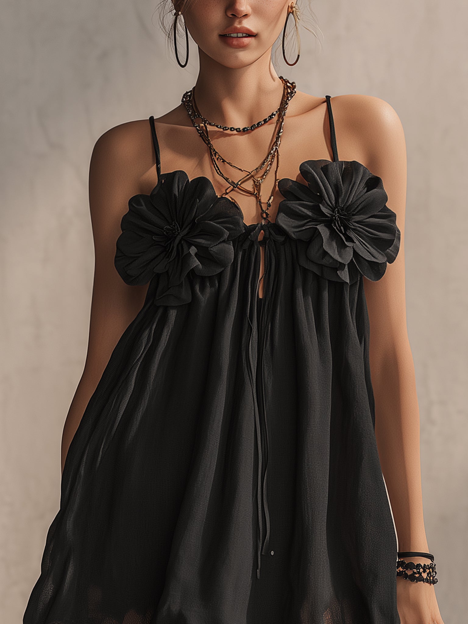 Black Linen 3D Floral Mini Dress