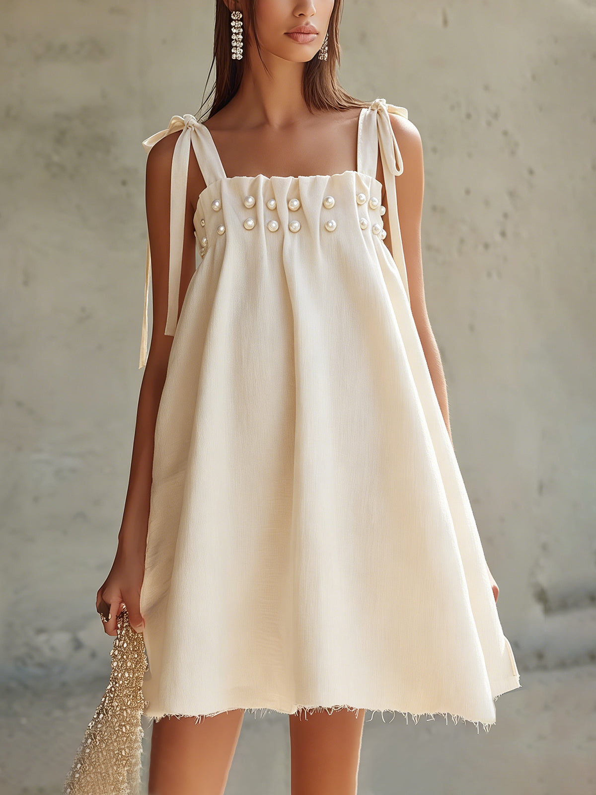 Cream A-Line Mini Dress With Pearl Embellishments And Tie Straps