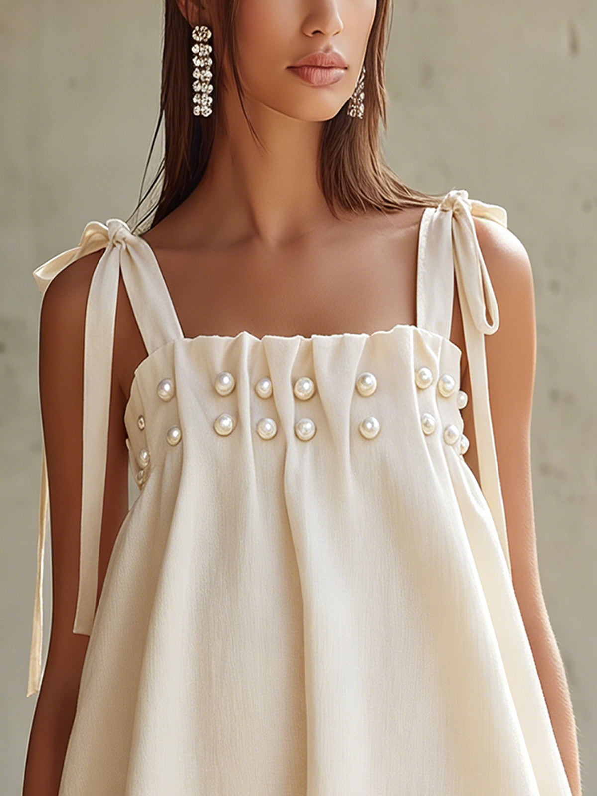 Cream A-Line Mini Dress With Pearl Embellishments And Tie Straps