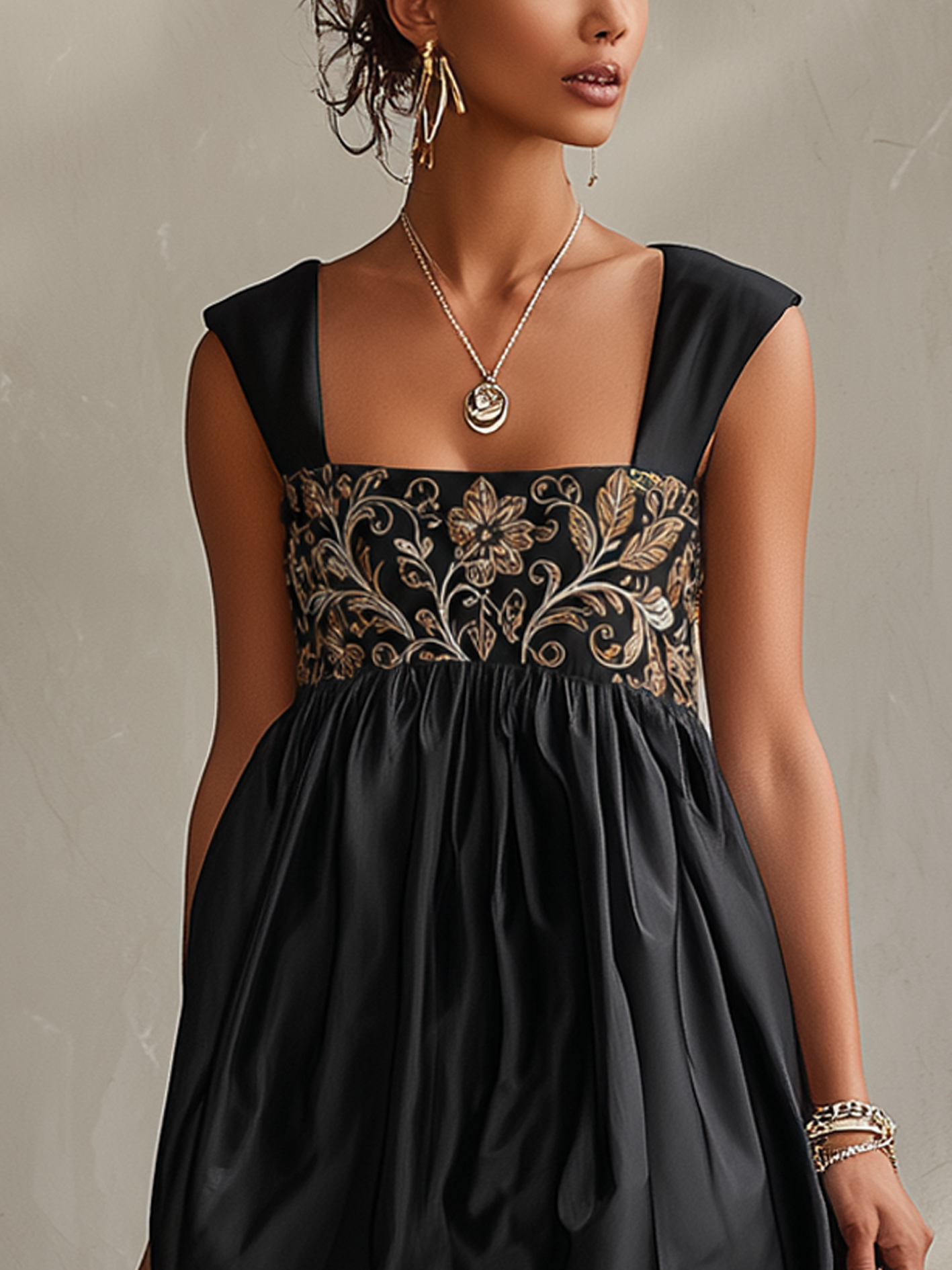 Vintage Floral Embroidered Black Bubble Mini Dress