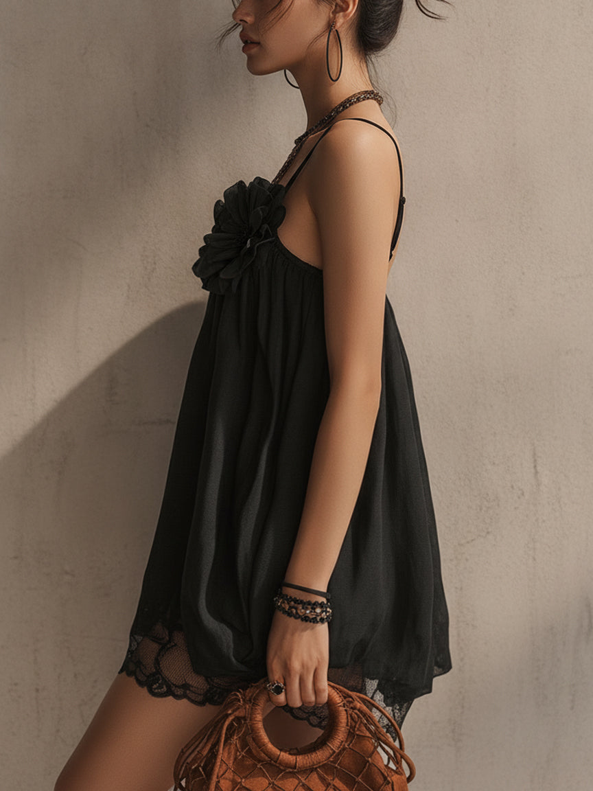 Black Linen 3D Floral Mini Dress