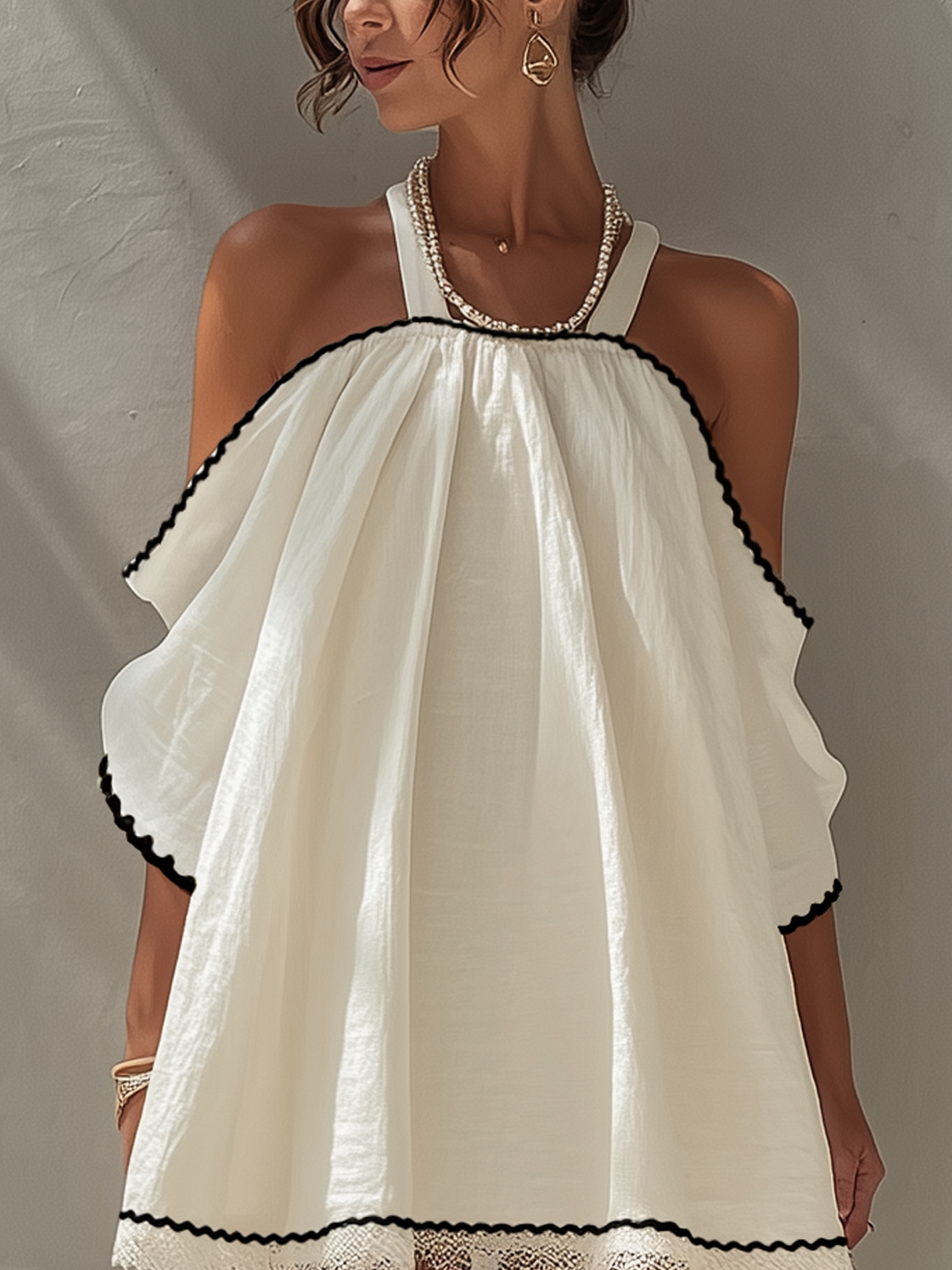White Cotton Linen Cold Shoulder Mini Dress With Contrast Trim