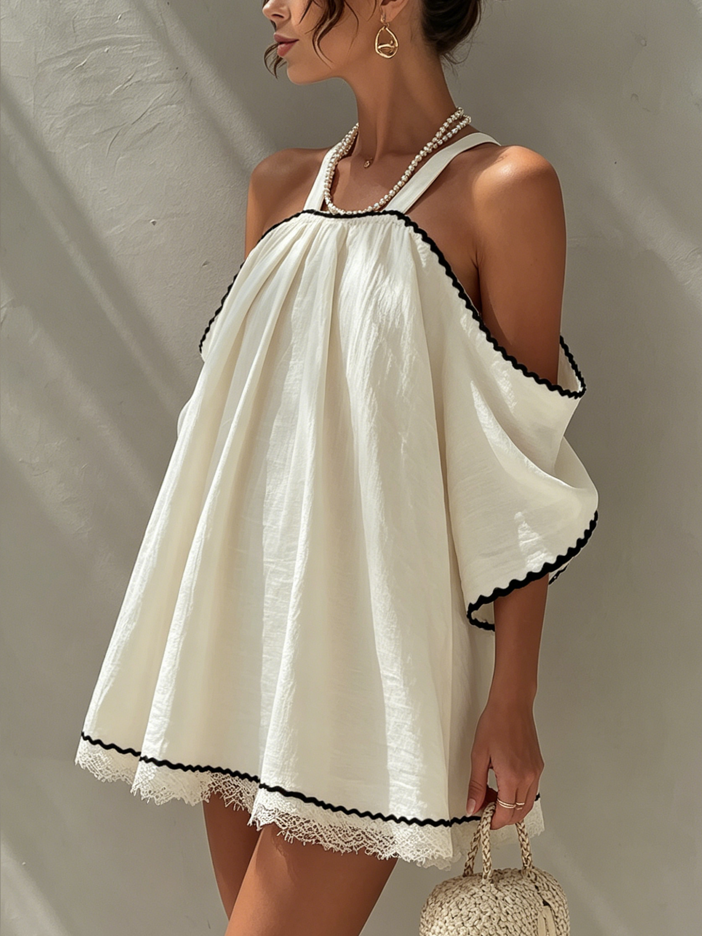 White Cotton Linen Cold Shoulder Mini Dress With Contrast Trim