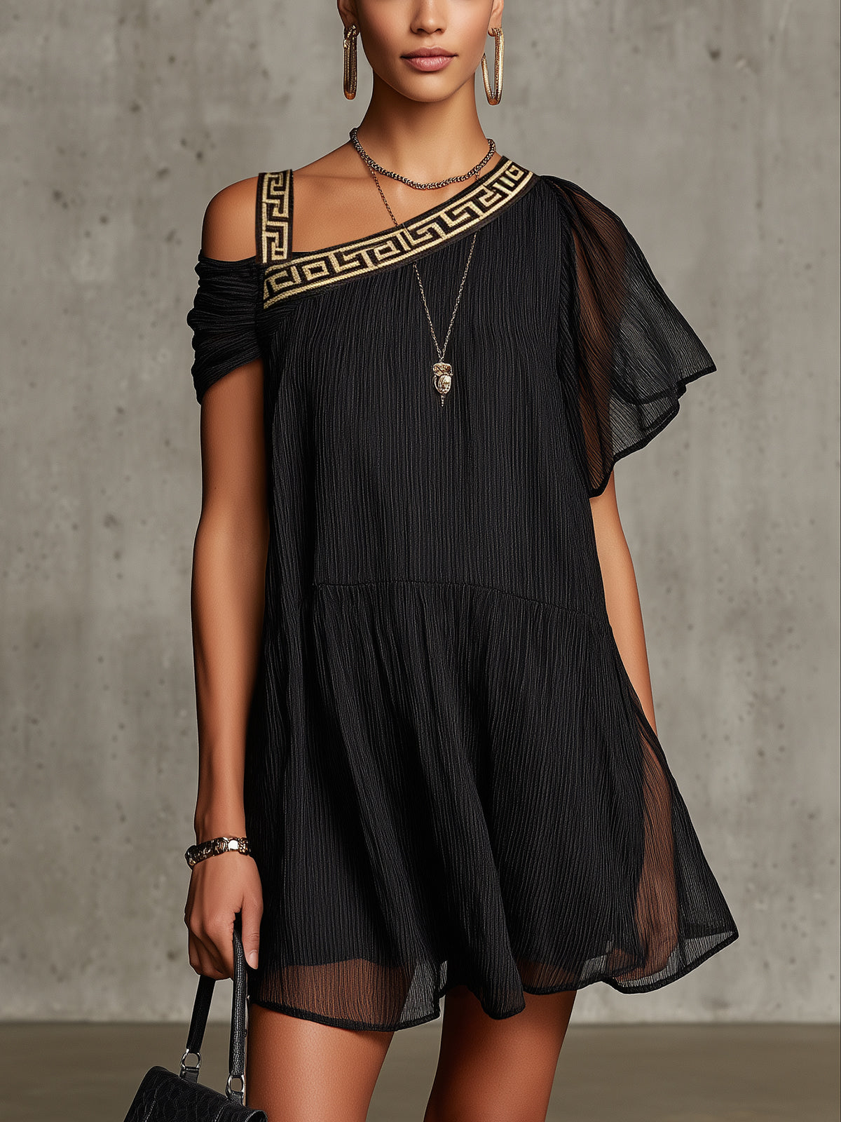 Black One-Shoulder Mini Dress With Greek Key Trim