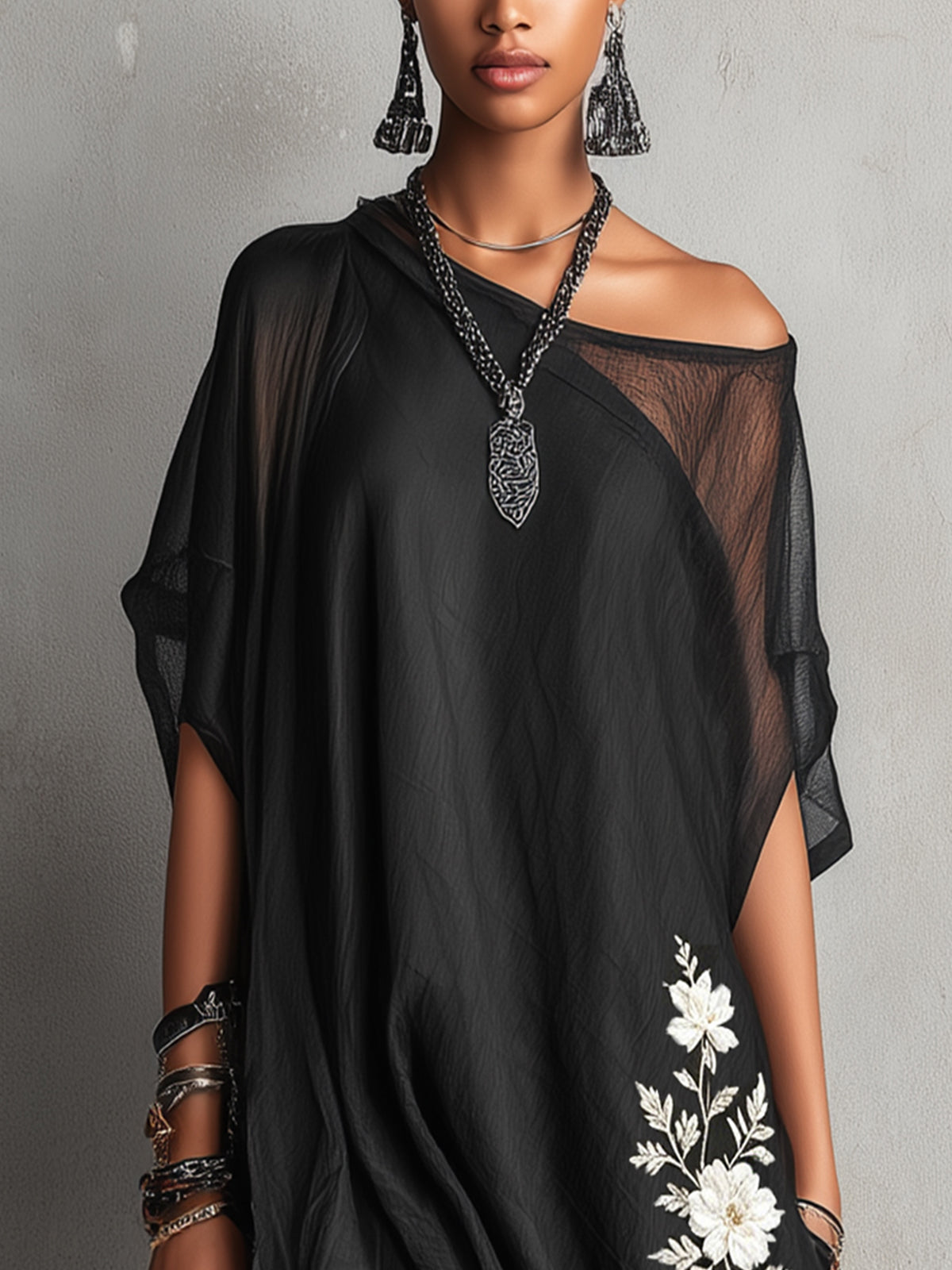 Black Asymmetric Sheer Midi Dress With Floral Embroidery