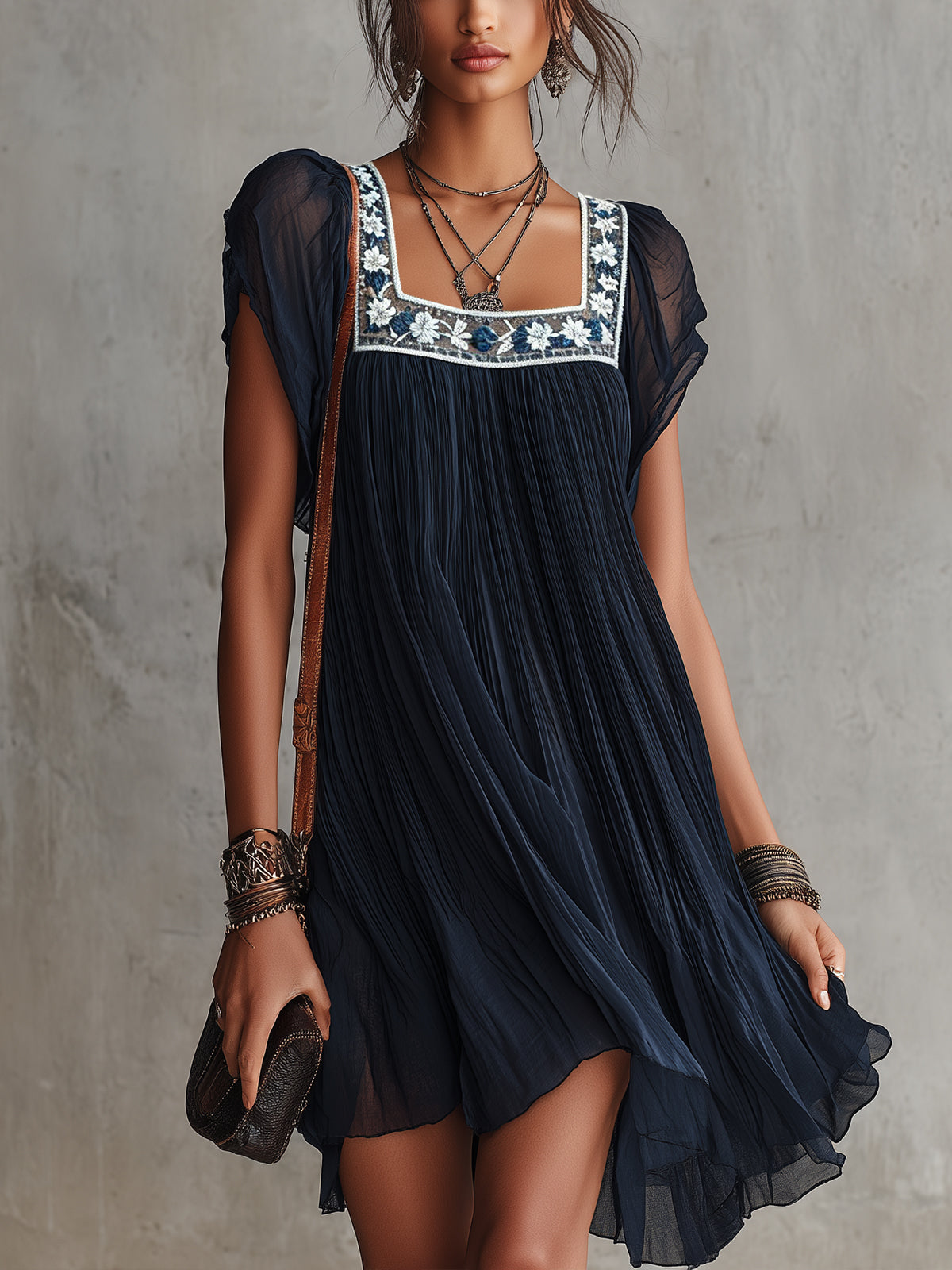 Navy Pleated Mini Dress With Embroidered Square Neckline