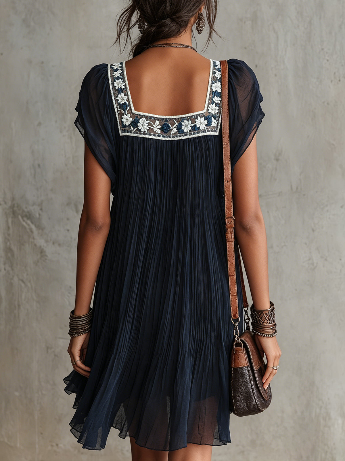 Navy Pleated Mini Dress With Embroidered Square Neckline