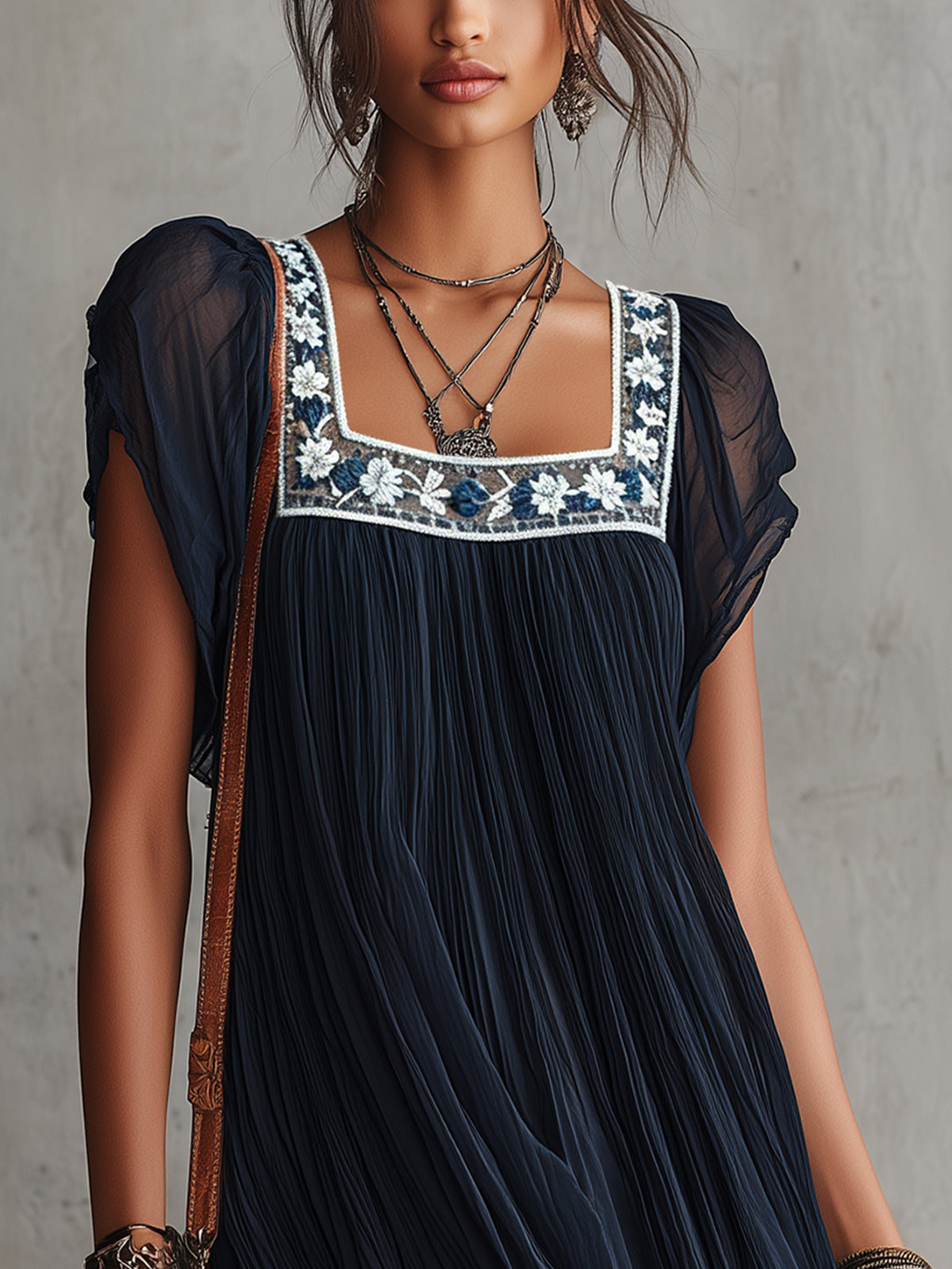 Navy Pleated Mini Dress With Embroidered Square Neckline
