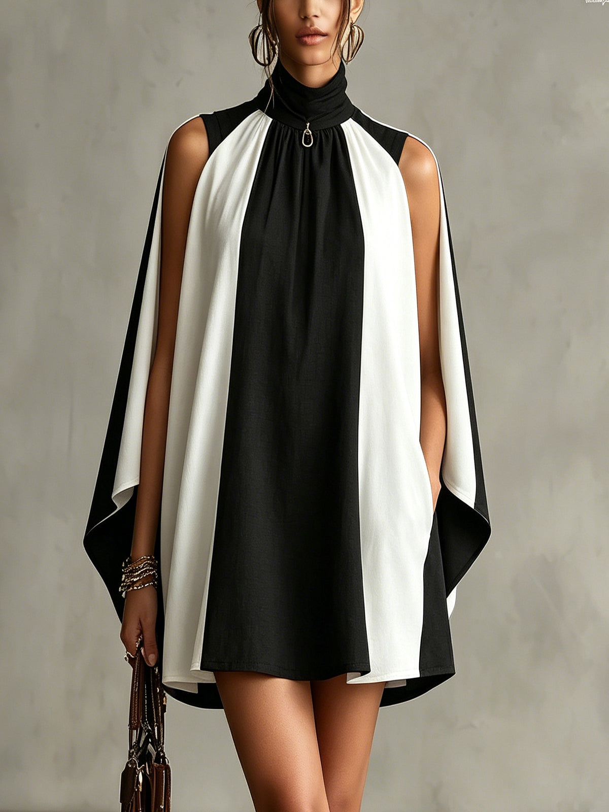 Black And White High-Neck Cape Mini Dress