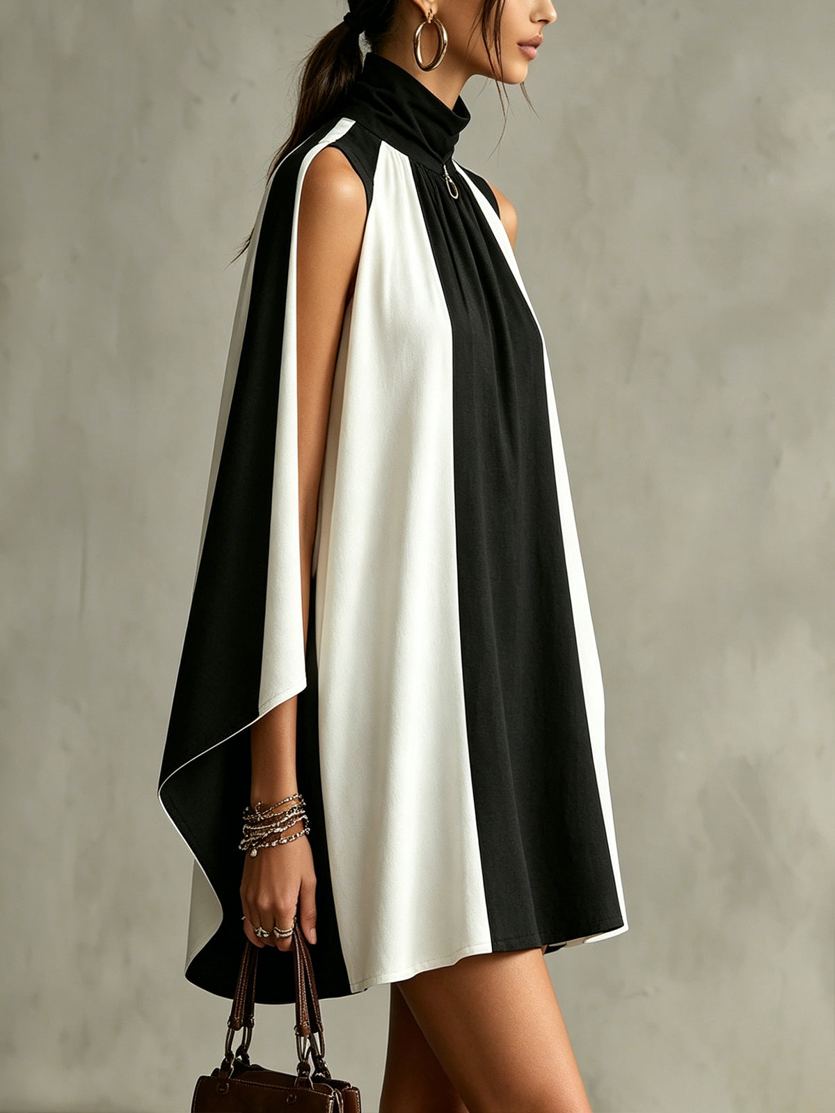 Black And White High-Neck Cape Mini Dress