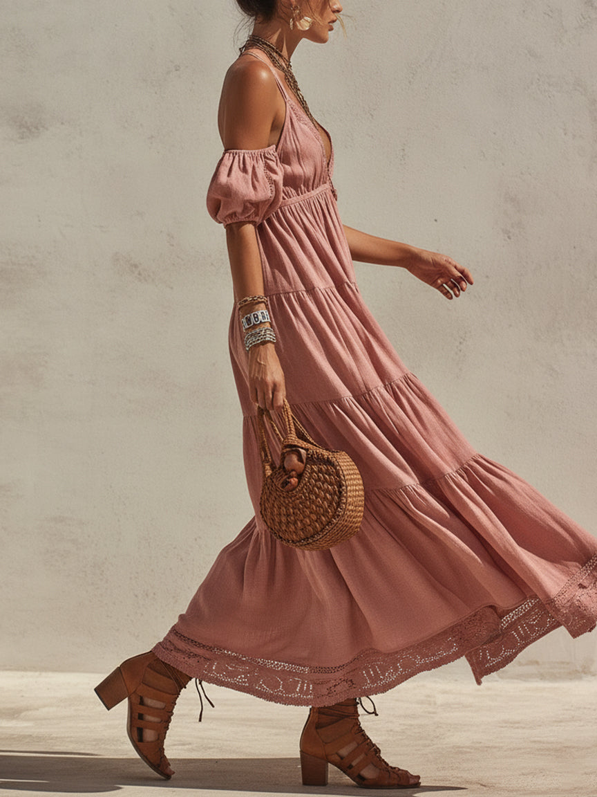 Pink Linen Blend Lace Maxi Dress