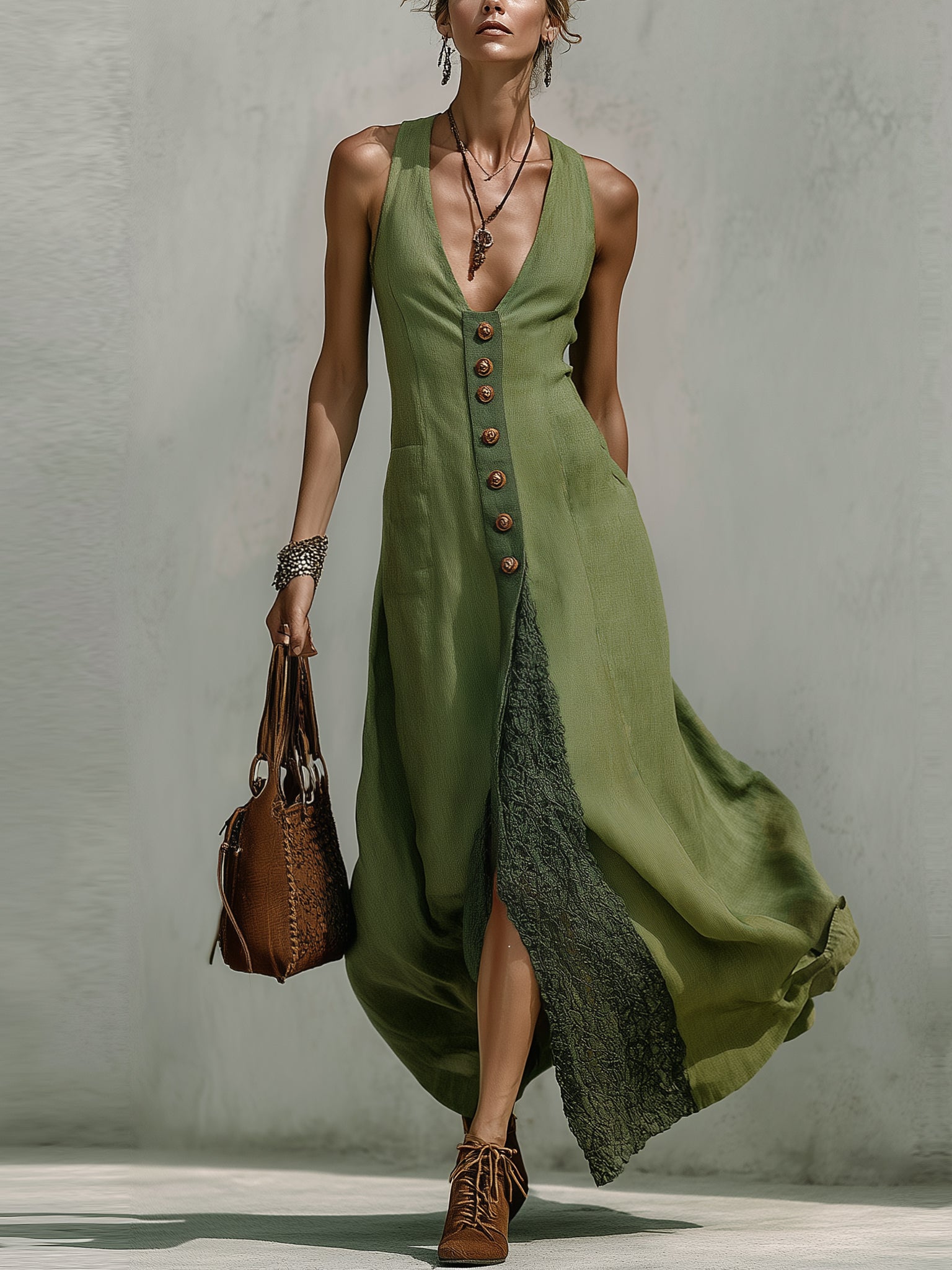 Green Sleeveless Linen Maxi Dress
