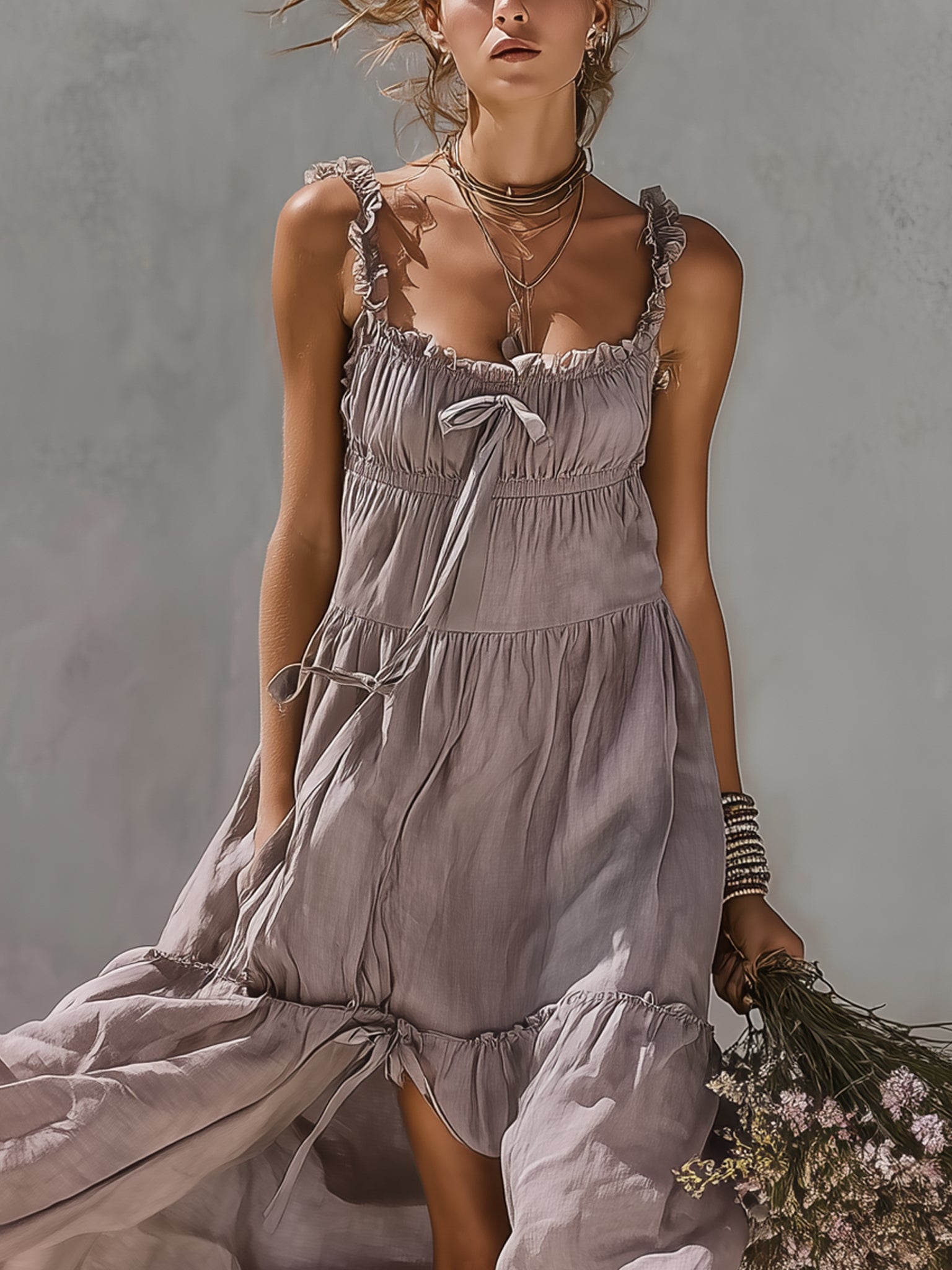 Purple Lace Trimmed Linen Maxi Dress