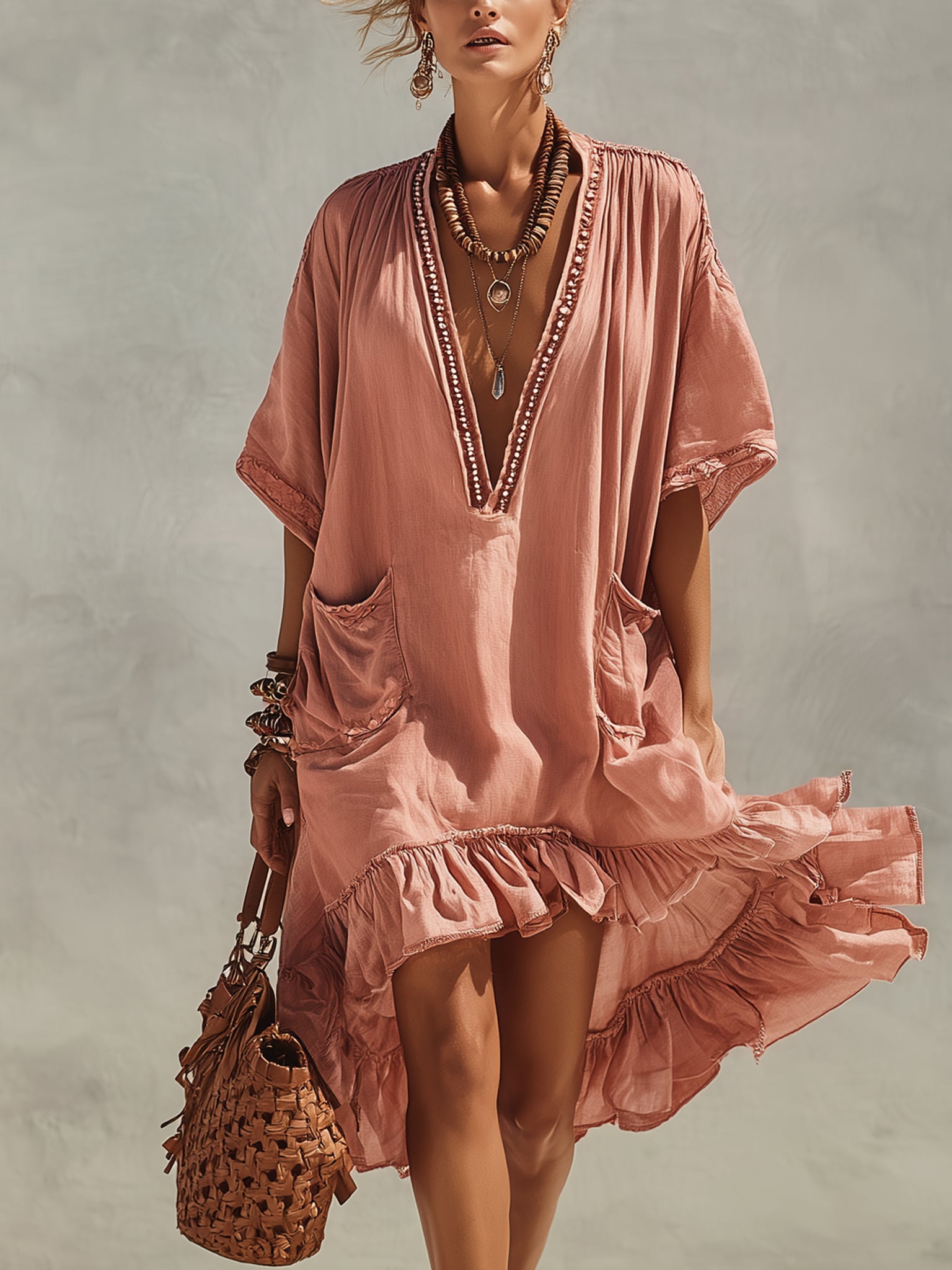 Pink Cotton And Linen Loose Midi Dress