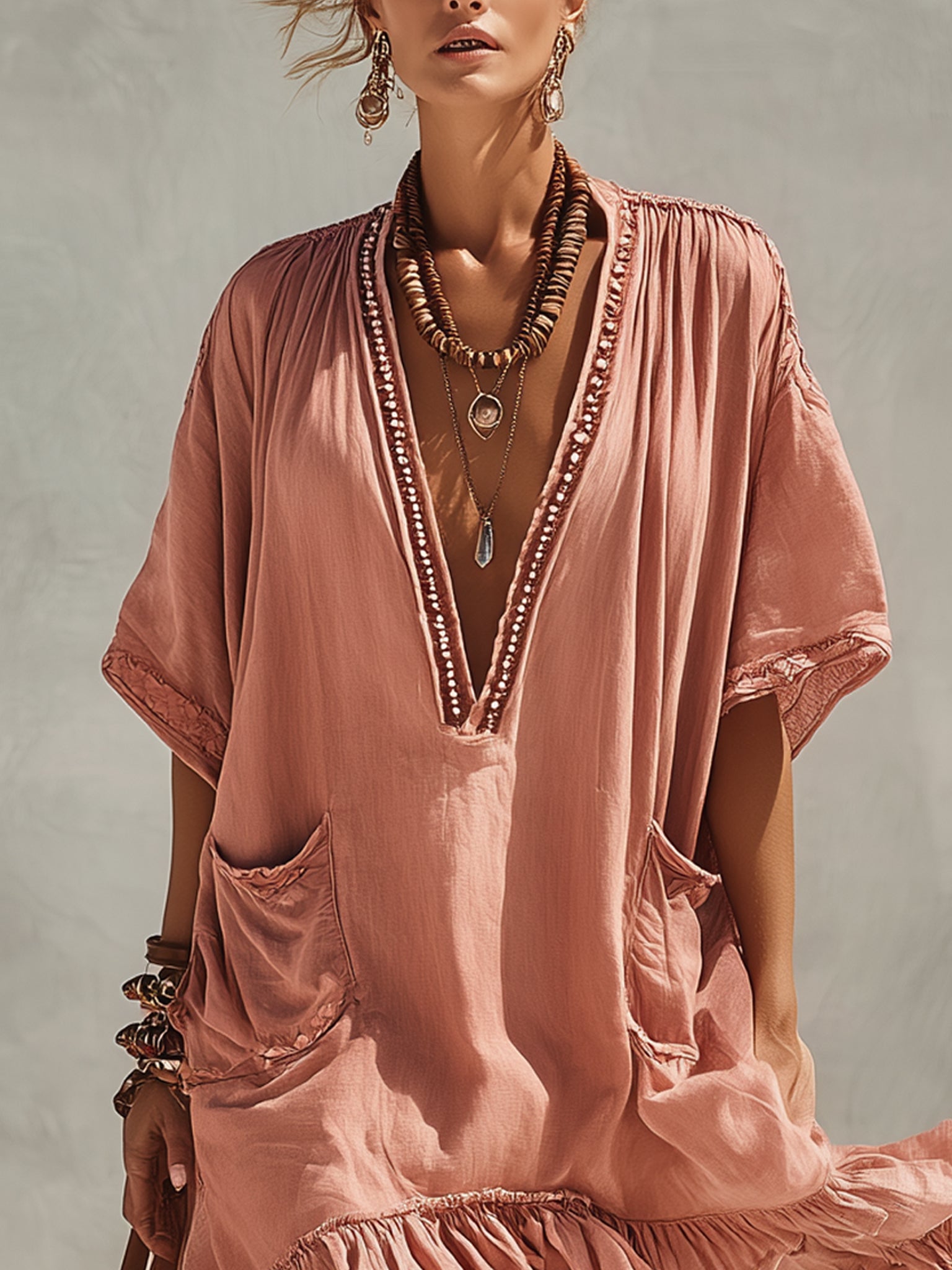 Pink Cotton And Linen Loose Midi Dress