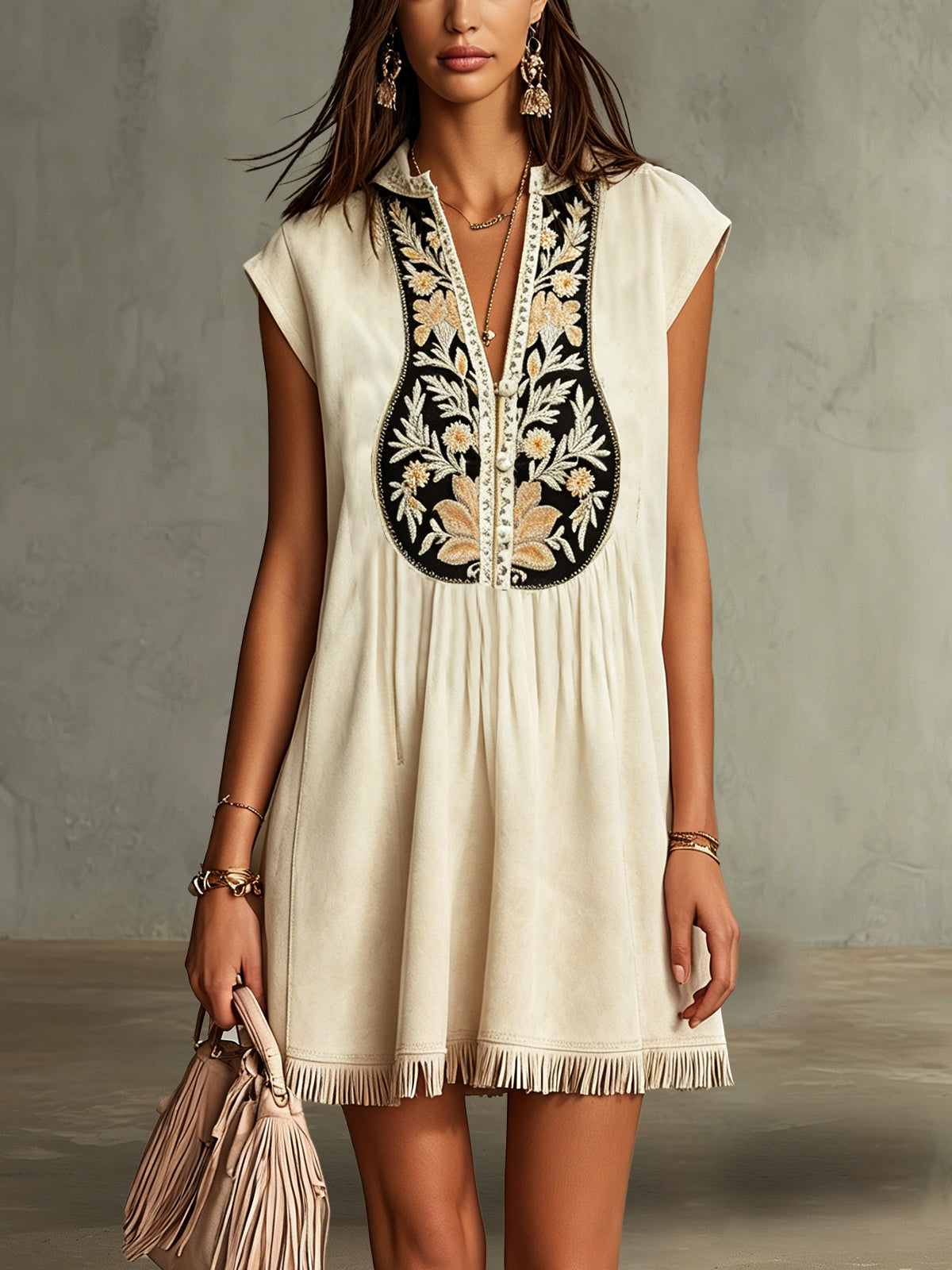 Beige Embroidered Faux Suede Mini Dress With Fringe Hem