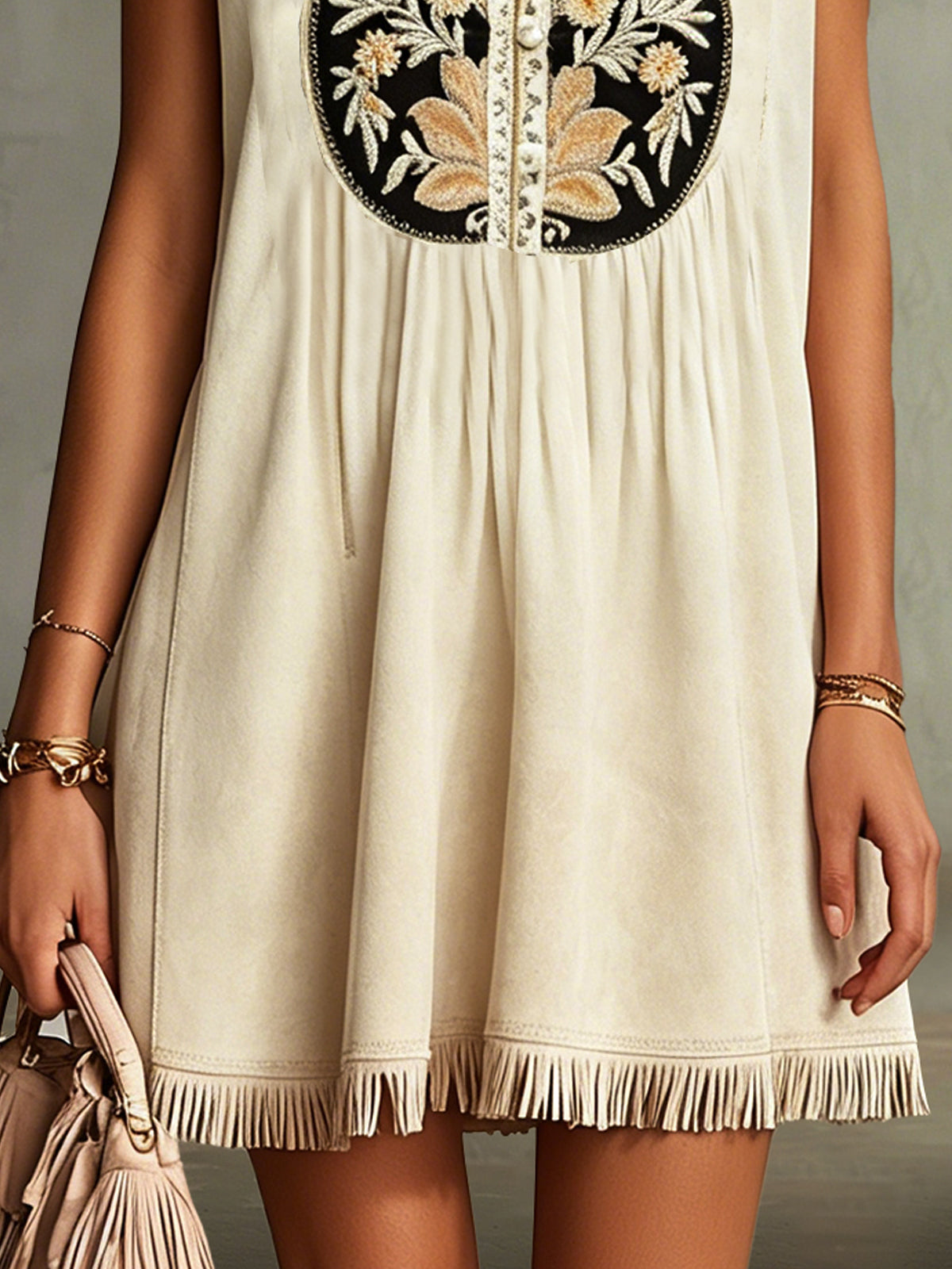 Beige Embroidered Faux Suede Mini Dress With Fringe Hem