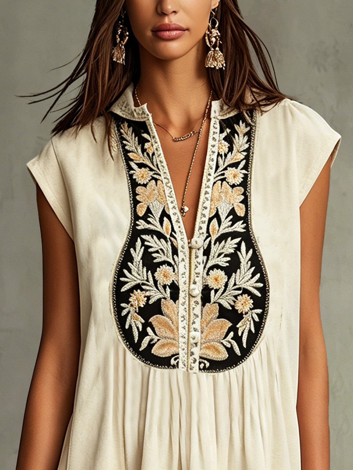Beige Embroidered Faux Suede Mini Dress With Fringe Hem