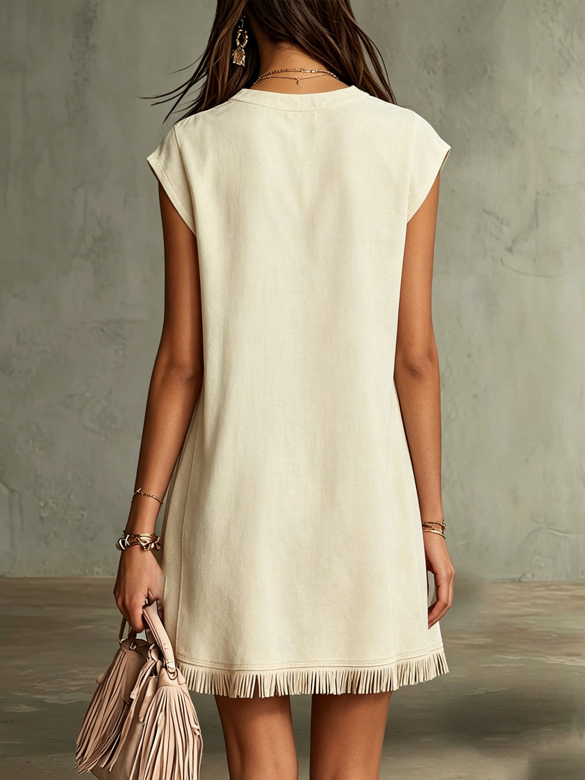 Beige Embroidered Faux Suede Mini Dress With Fringe Hem