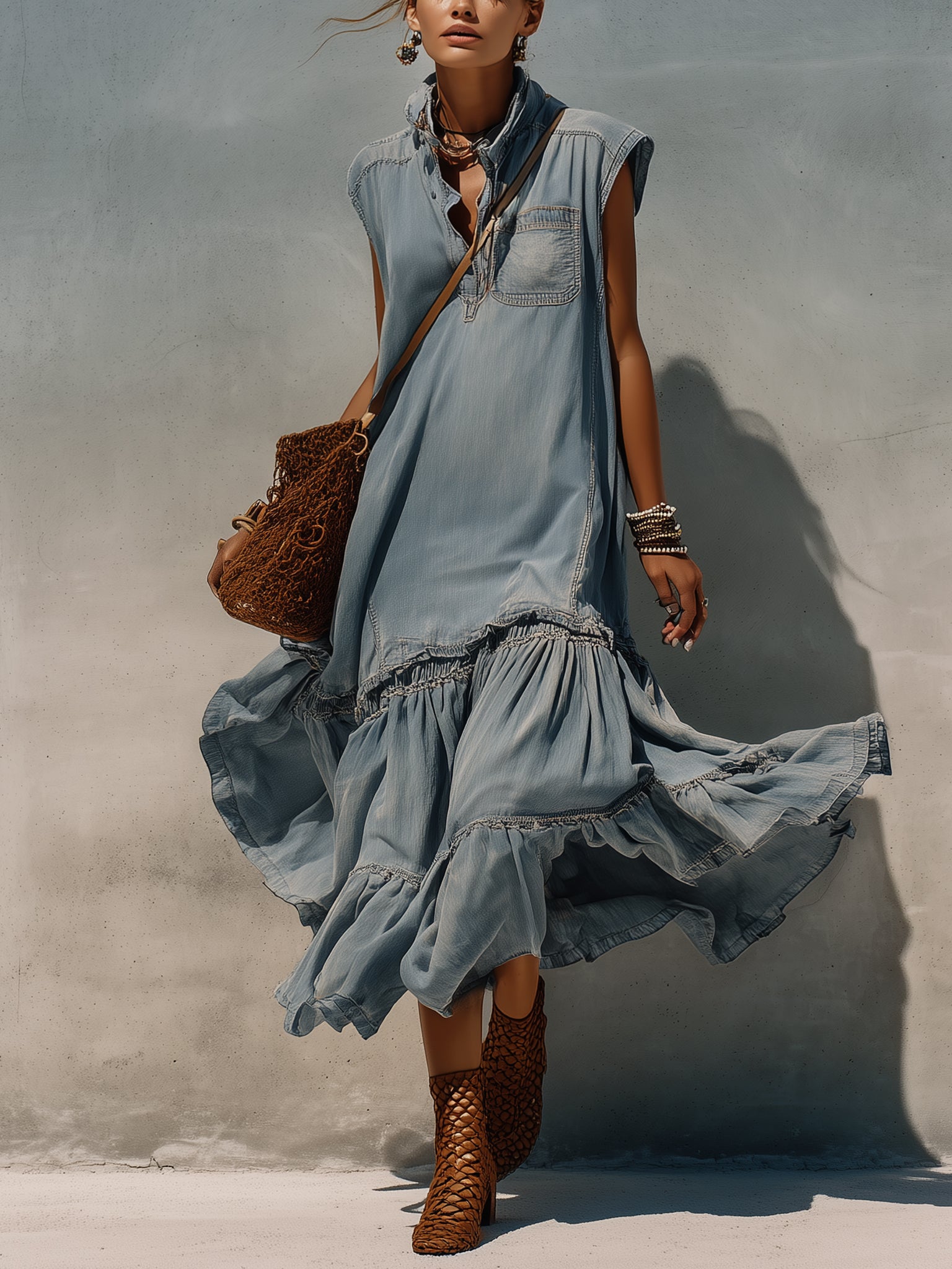 Blue Washed Denim Sleeveless Midi Dress
