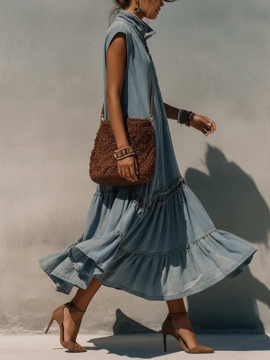 Blue Washed Denim Sleeveless Midi Dress