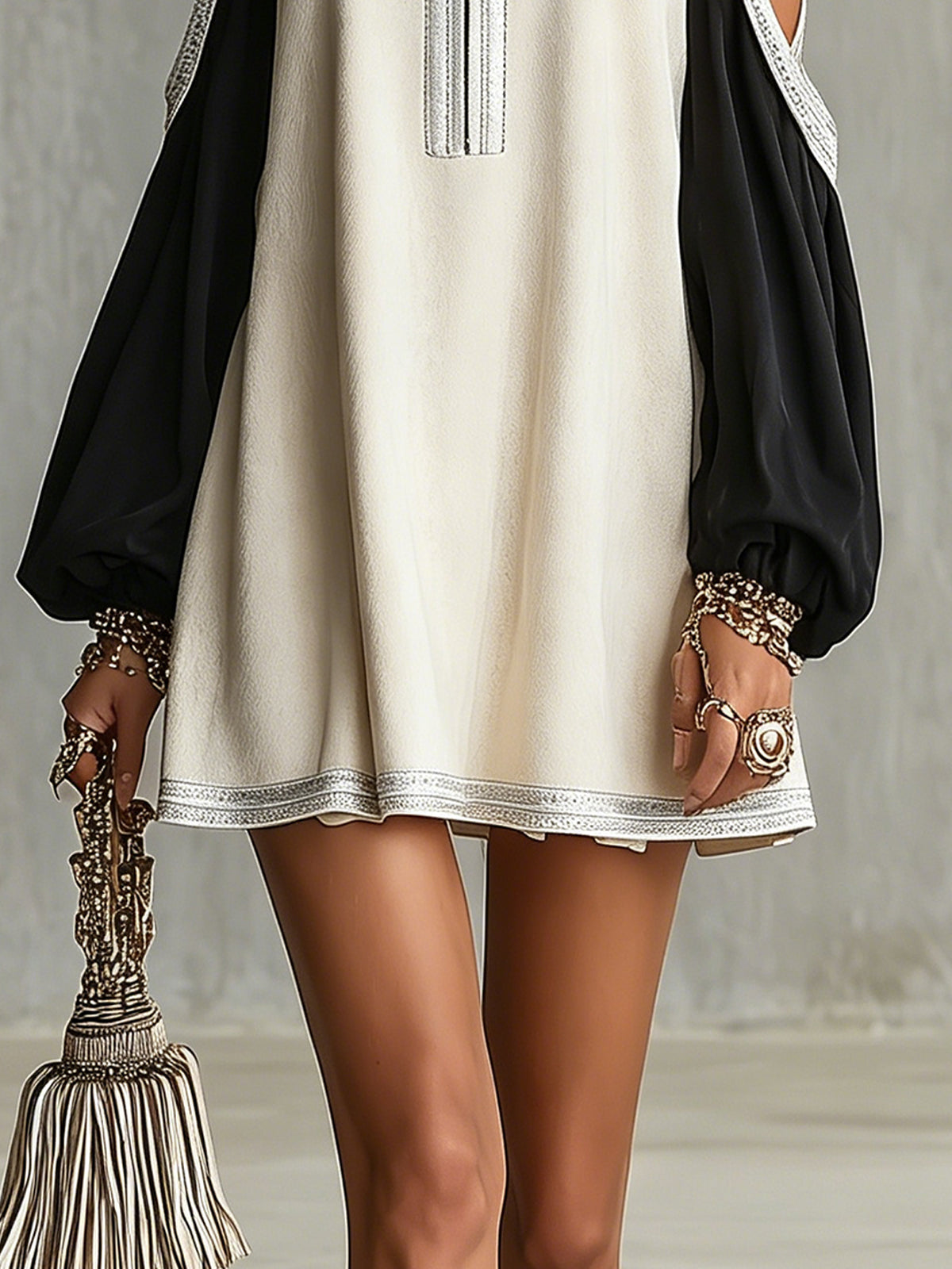 Ivory And Black Contrast Mini Dress With Cutout Shoulders