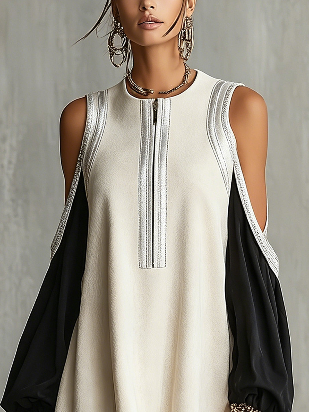 Ivory And Black Contrast Mini Dress With Cutout Shoulders