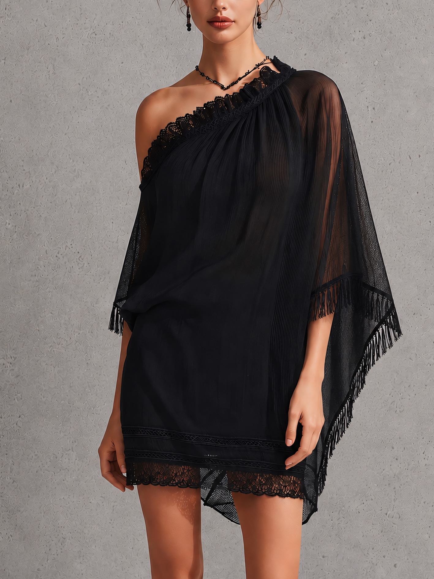 Black One Shoulder Textured Chiffon Mini Dress With Lace Trim And Tassel Hem